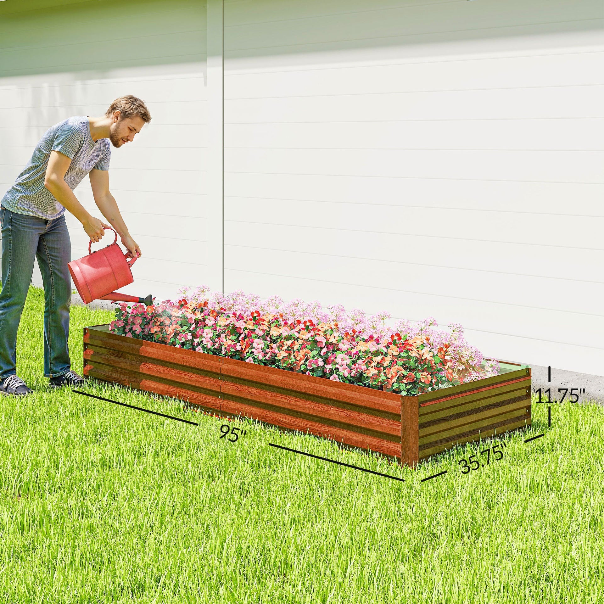 Outsunny 95" x 36" x 12" Galvanized Raised Garden Bed, Easy DIY and Cleaning for Growing Flowers, Herbs, Succulents, Natural Wood