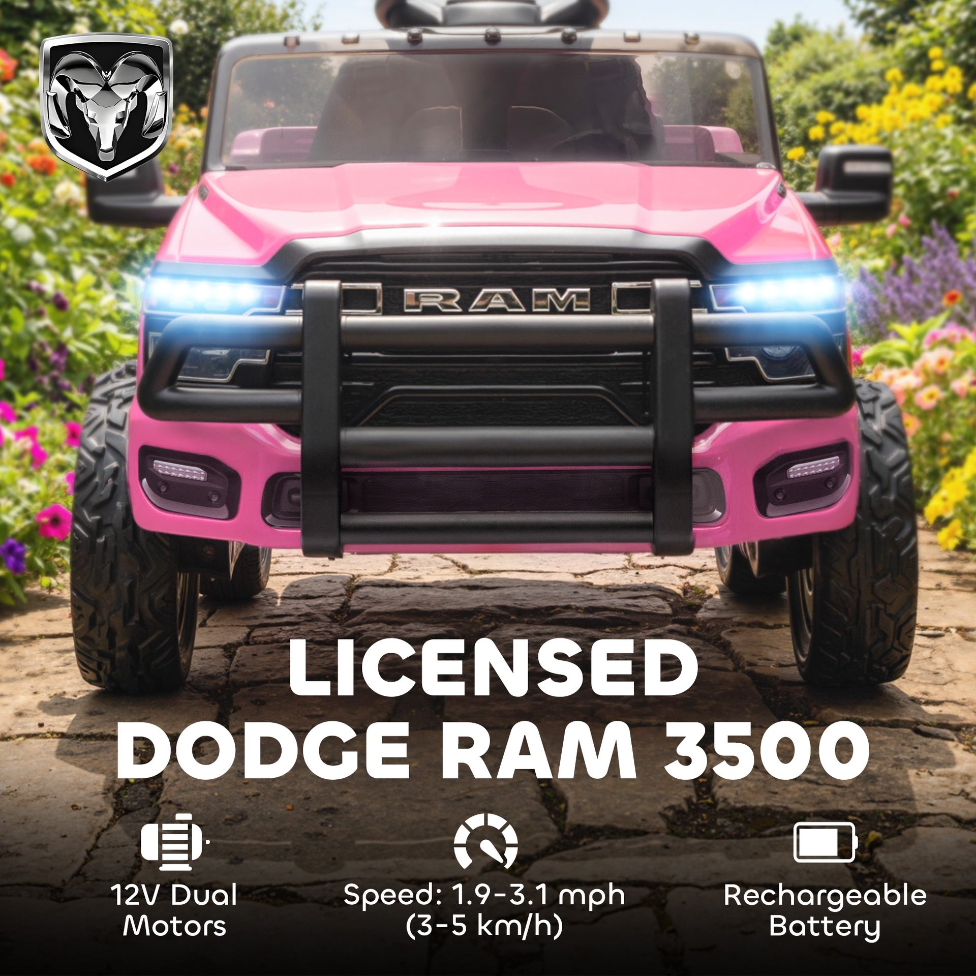 Qaba 12V Kids Ride on Car, Licensed Dodge RAM 3500 Ride on Toys with Dual Motors, Remote Control for Toddlers, Pink