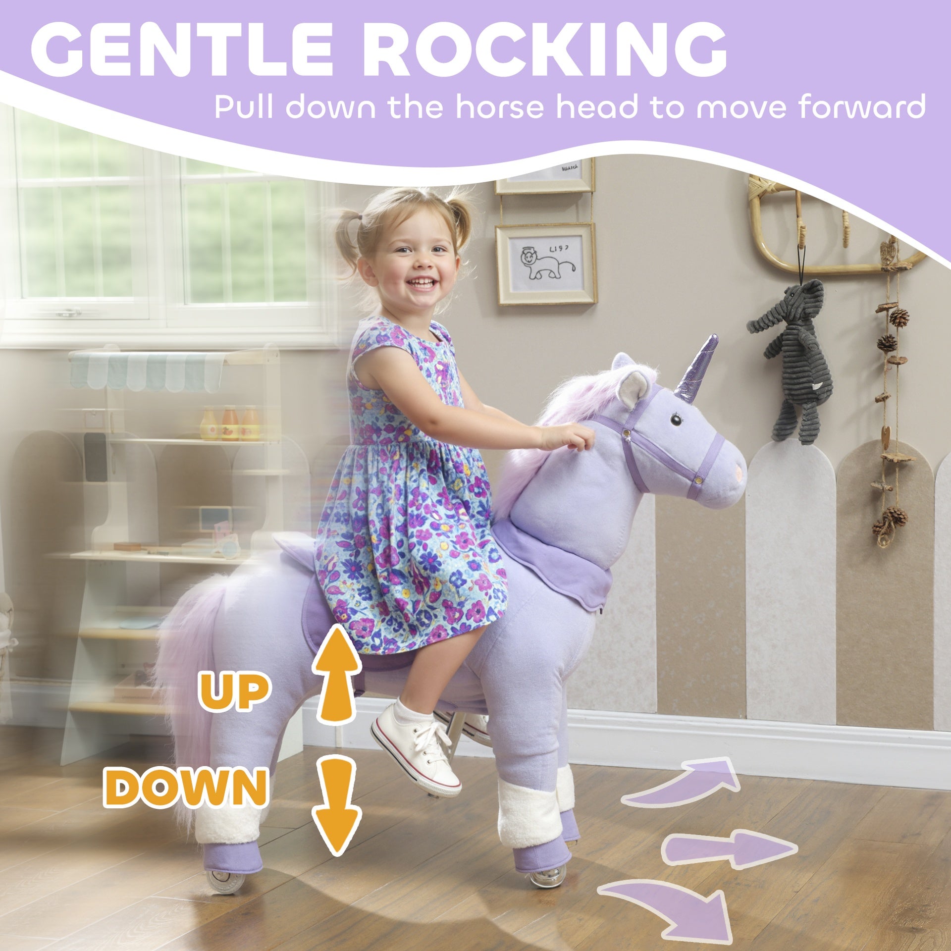 Qaba Ride on Unicorn Toy for Kids 4-7 Years, 37.8 Inch Plush Baby Rocking Horse with Wheels, No Battery Required, Purple