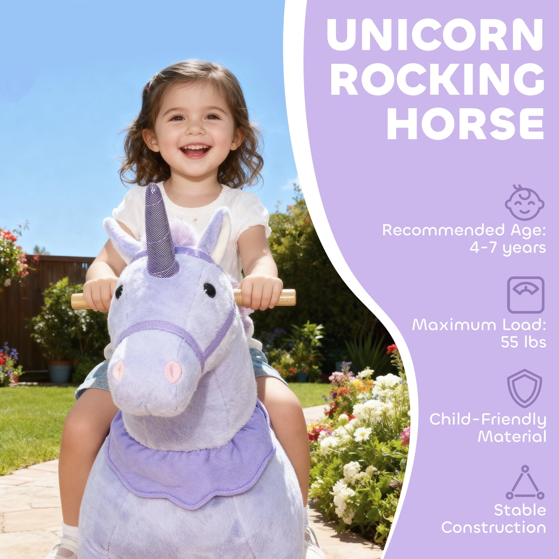 Qaba Ride on Unicorn Toy for Kids 4-7 Years, 37.8 Inch Plush Baby Rocking Horse with Wheels, No Battery Required, Purple