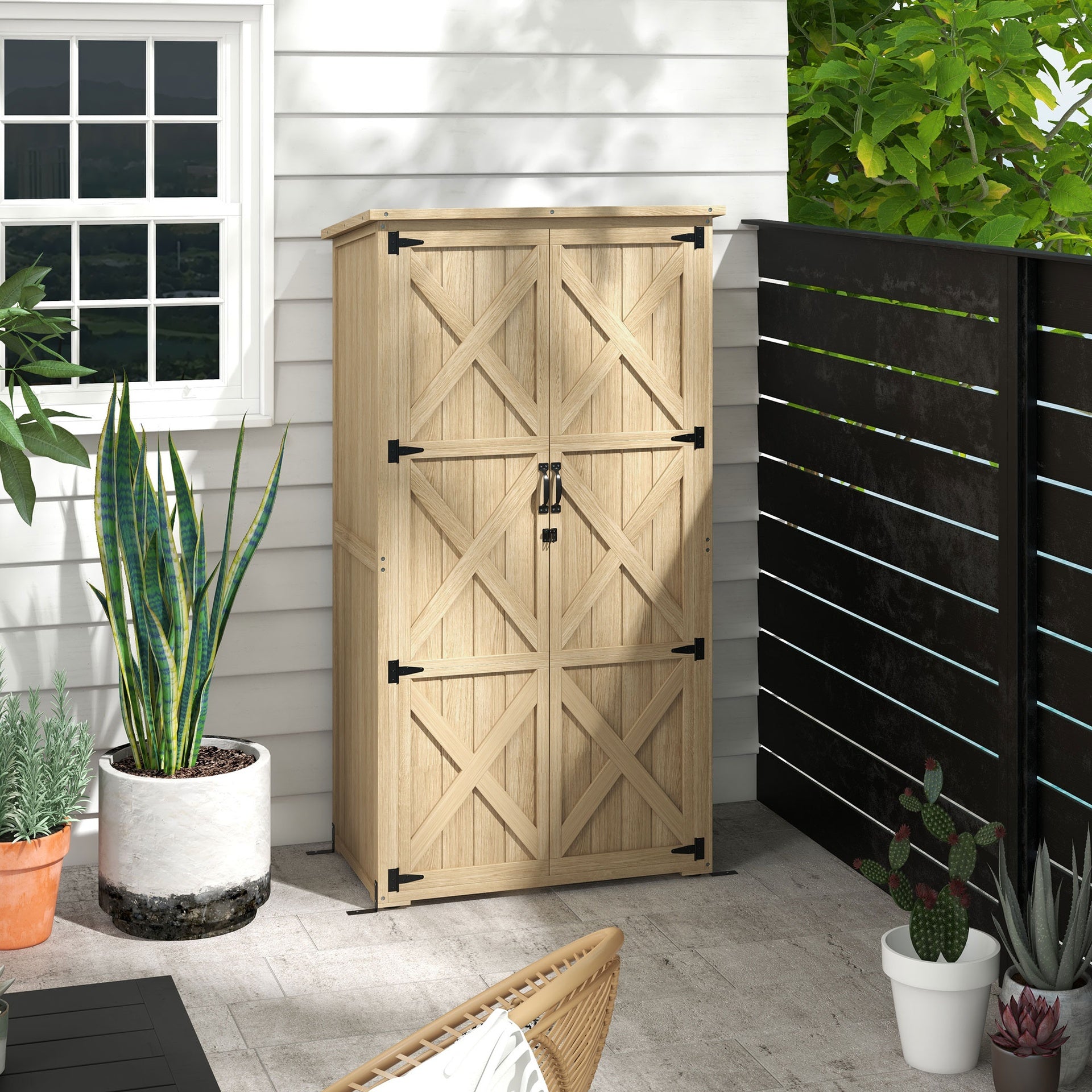 Outsunny Wooden Outdoor Storage Cabinet Garden Shed with Waterproof Asphalt Roof and Lockable Doors, Natural