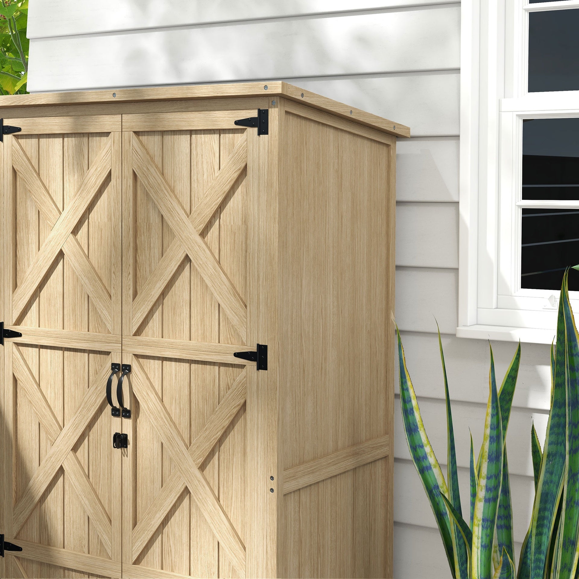 Outsunny Wooden Outdoor Storage Cabinet Garden Shed with Waterproof Asphalt Roof and Lockable Doors, Natural
