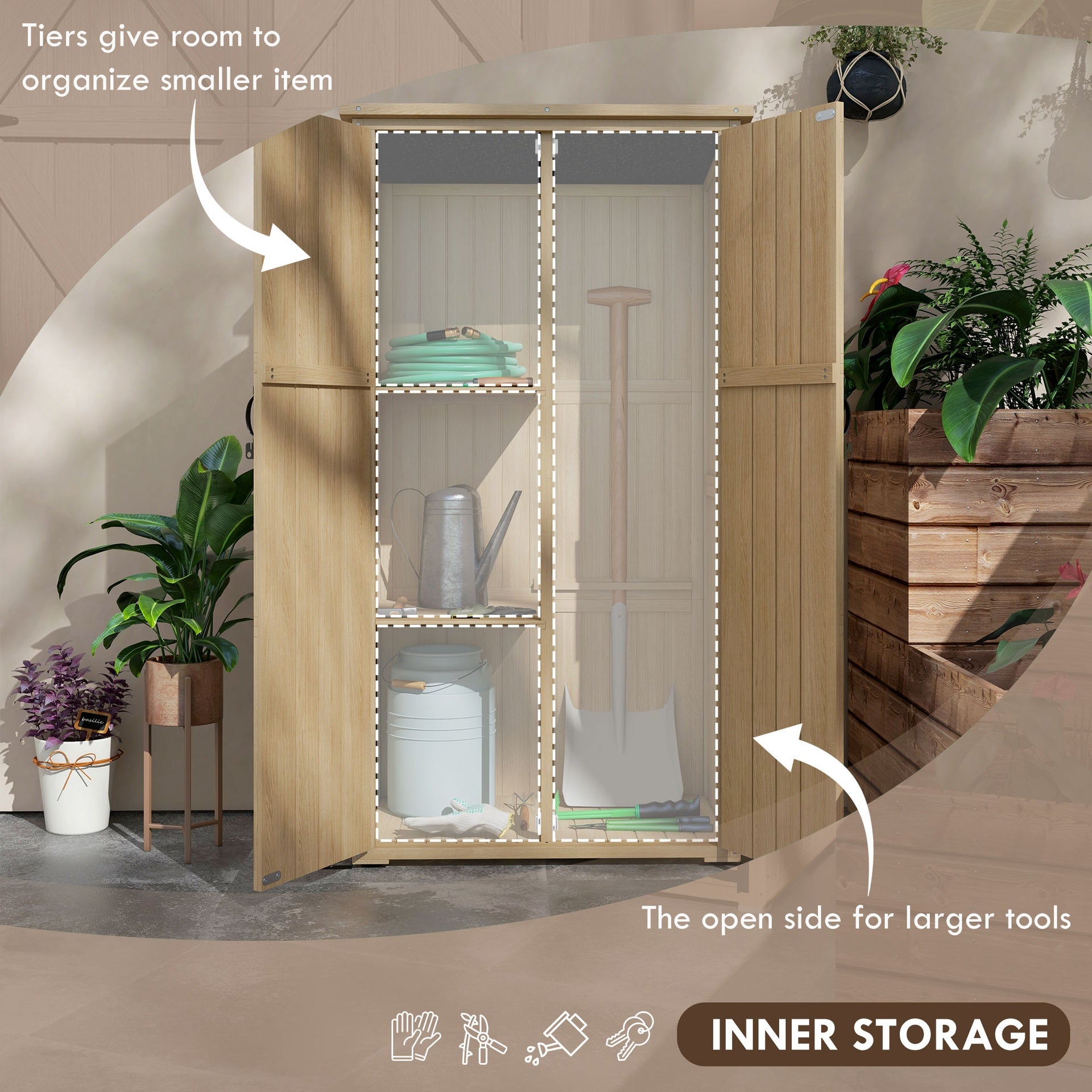 Outsunny Wooden Outdoor Storage Cabinet Garden Shed with Waterproof Asphalt Roof and Lockable Doors, Natural