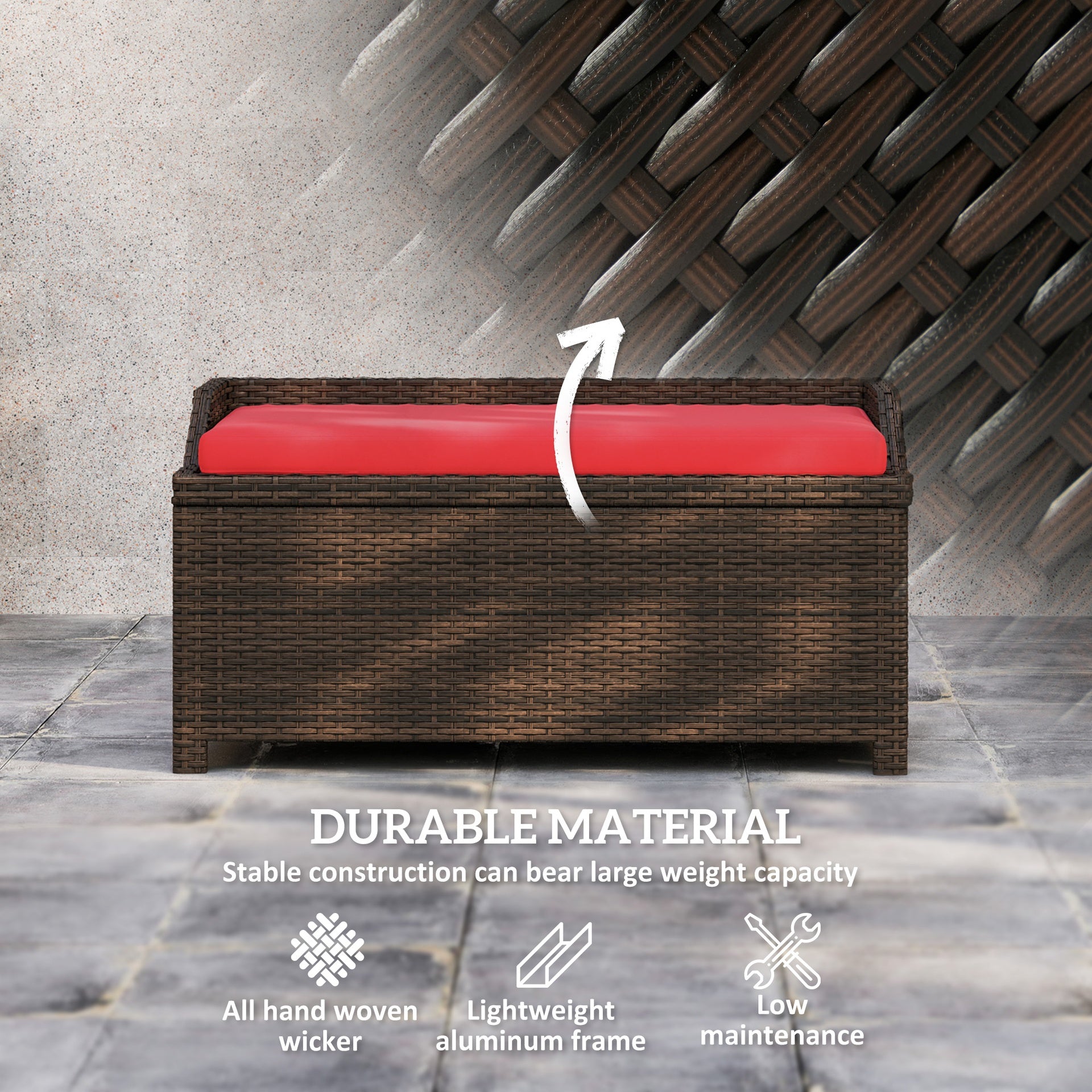 Outsunny Outdoor Wicker Storage Bench with Storage & Cushion, Red