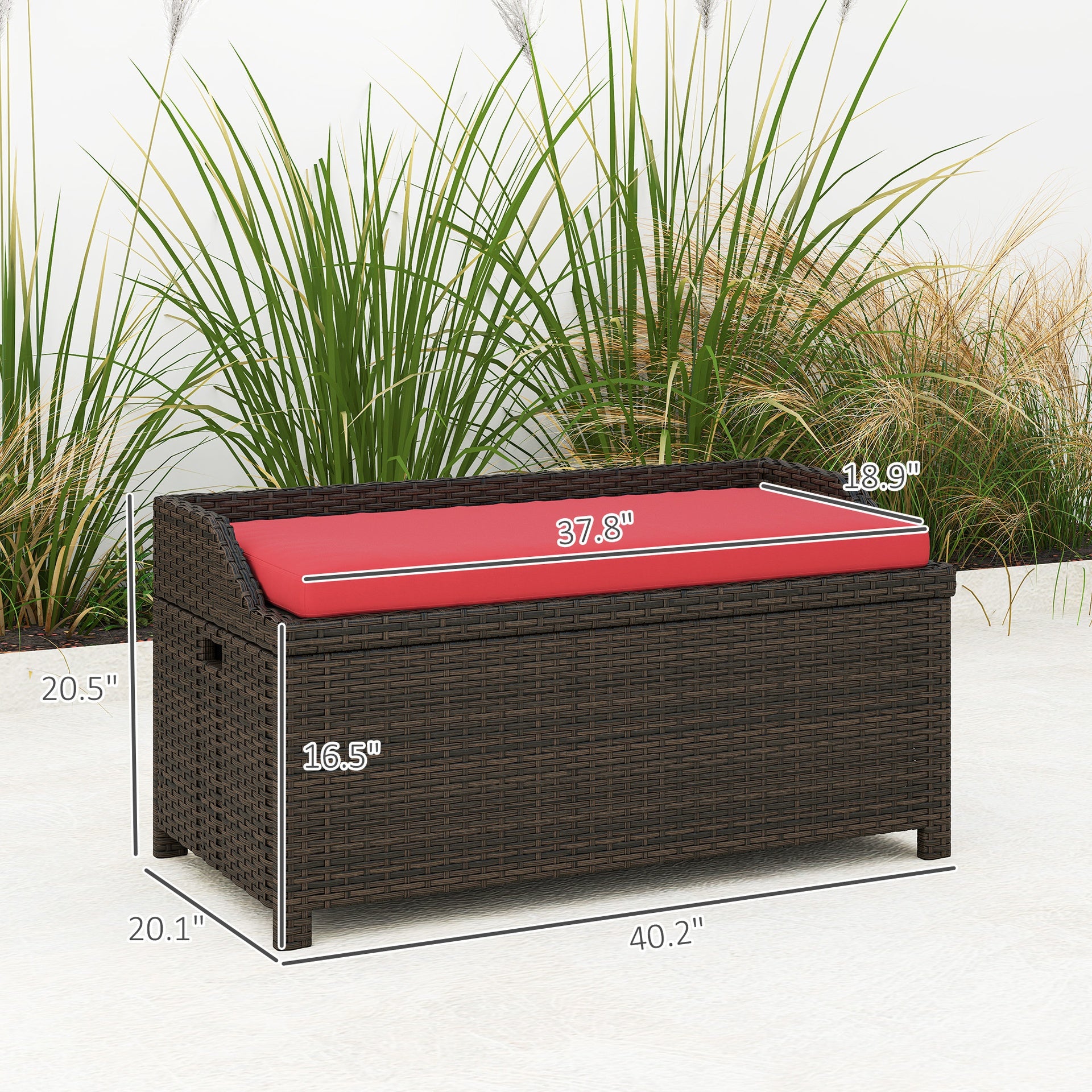 Outsunny Outdoor Wicker Storage Bench with Storage & Cushion, Red