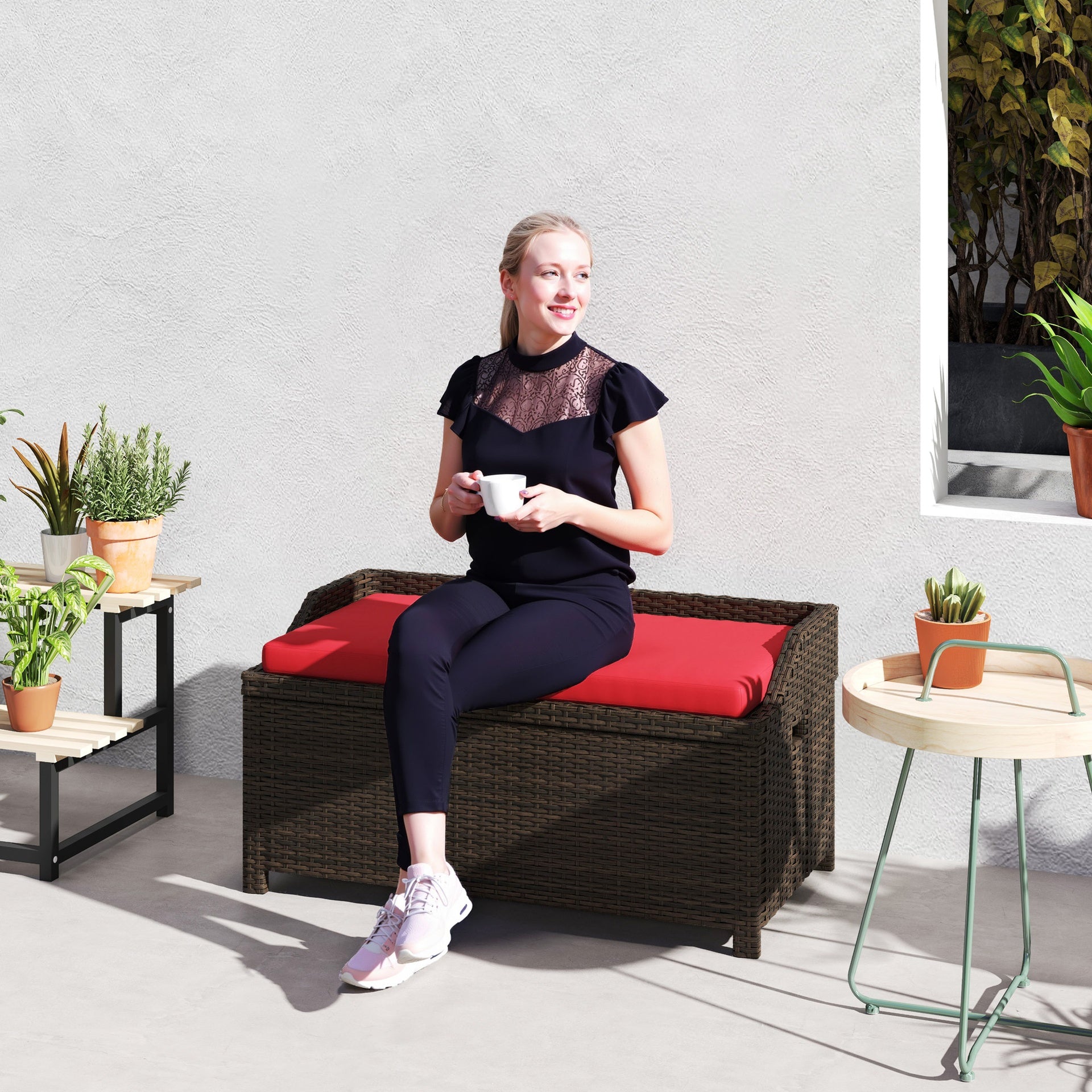 Outsunny Outdoor Wicker Storage Bench with Storage & Cushion, Red
