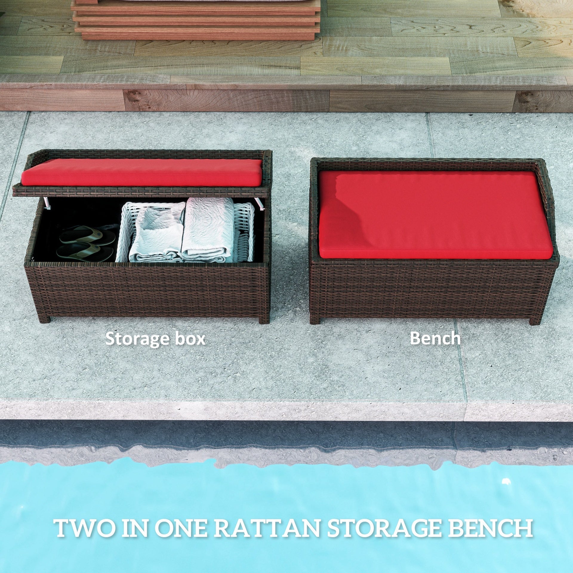 Outsunny Outdoor Wicker Storage Bench with Storage & Cushion, Red