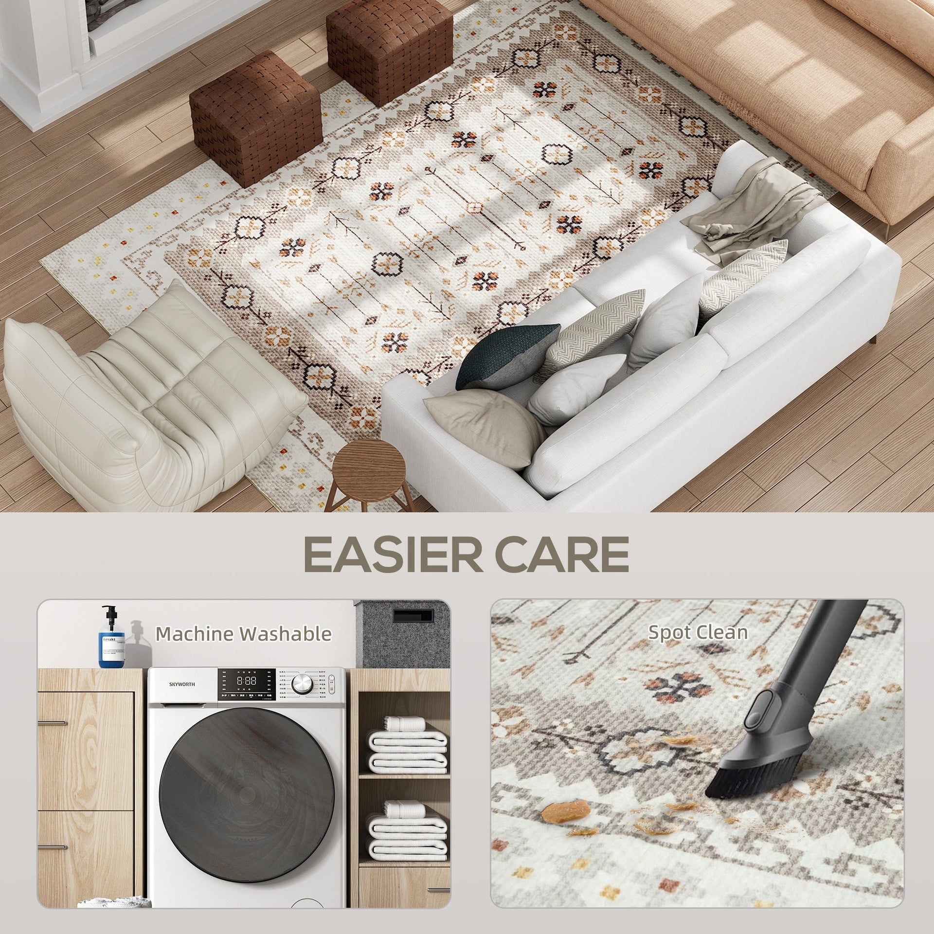 HOMCOM Machine Washable Area Rug 8x10, Non-Slip Boho Flannel Print Floor Carpet for Living Room, Bedroom, Dining Room, Brown