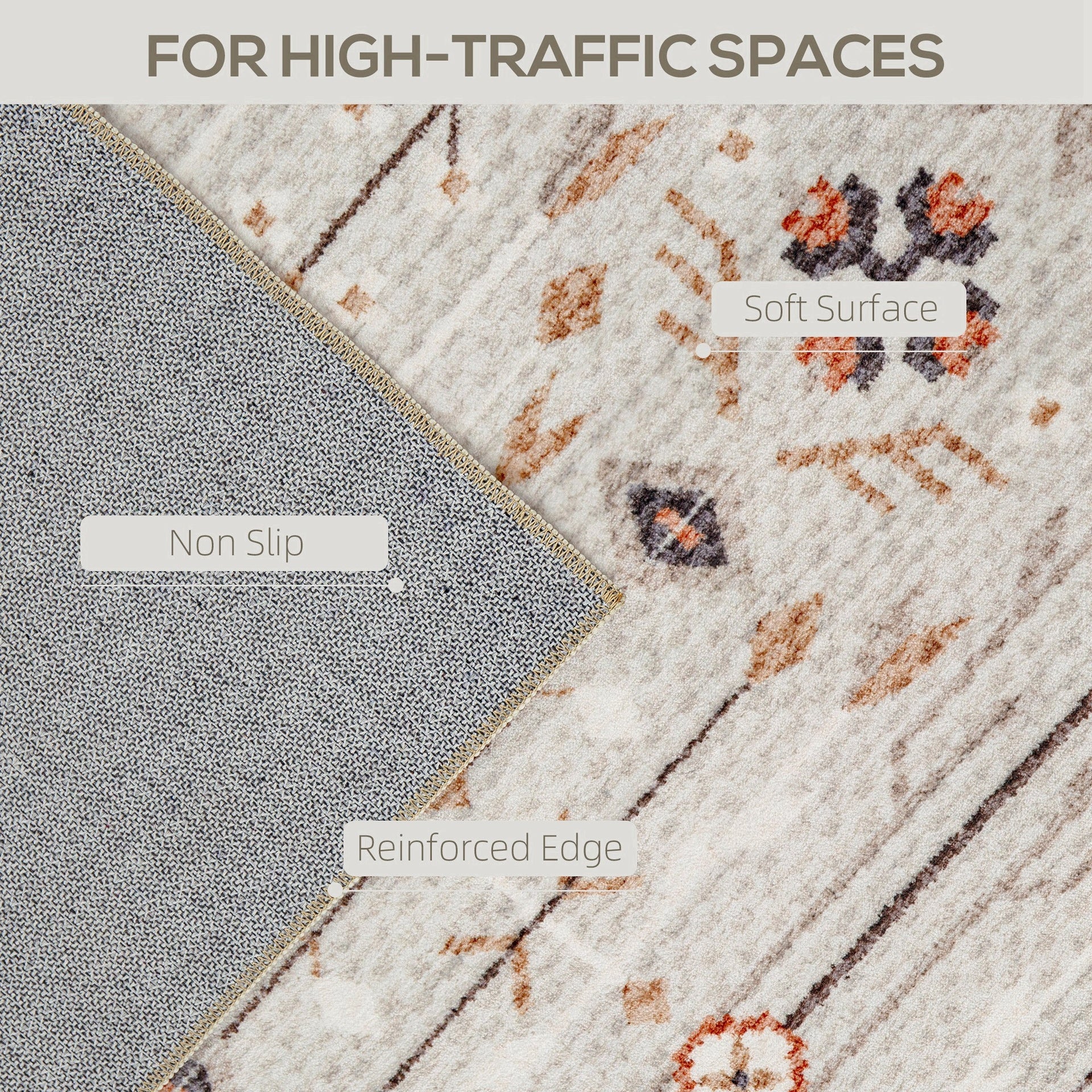 HOMCOM Machine Washable Area Rug 8x10, Non-Slip Boho Flannel Print Floor Carpet for Living Room, Bedroom, Dining Room, Brown