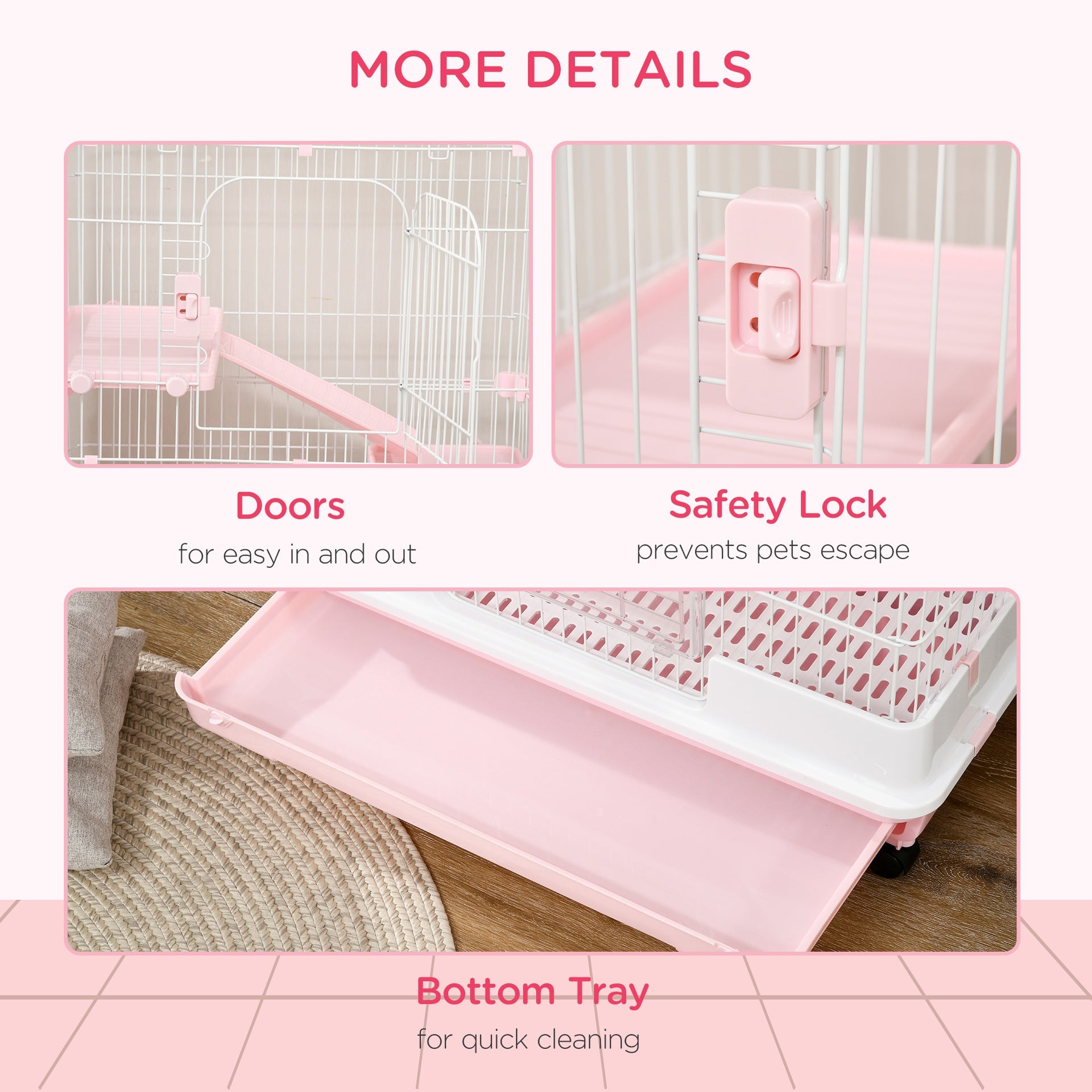 PawHut 32"L 4-Level Small Animal Cage Rabbit Hutch with Wheels, Slide-out Tray for Bunny, Chinchillas, Ferret, Pink