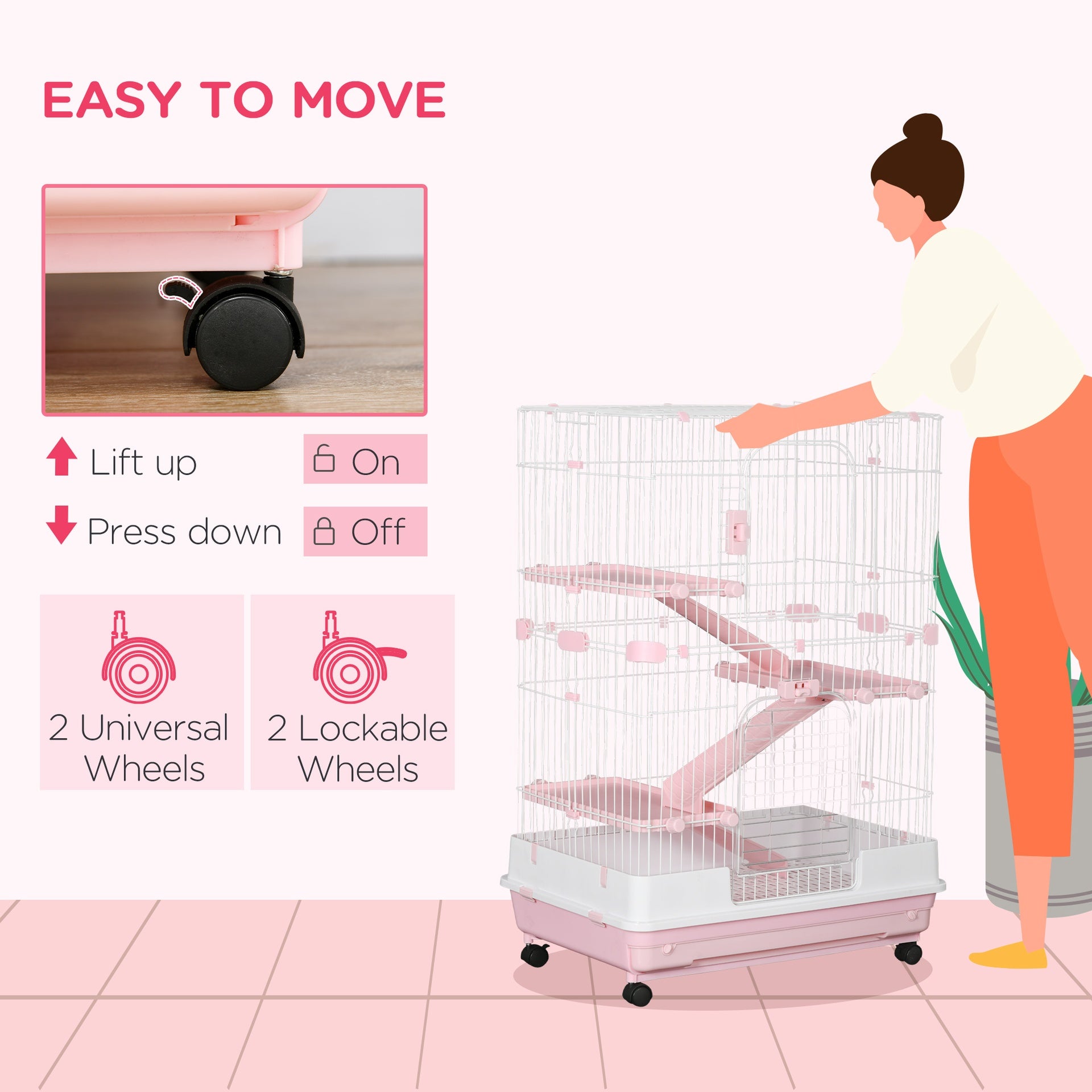 PawHut 32"L 4-Level Small Animal Cage Rabbit Hutch with Wheels, Slide-out Tray for Bunny, Chinchillas, Ferret, Pink