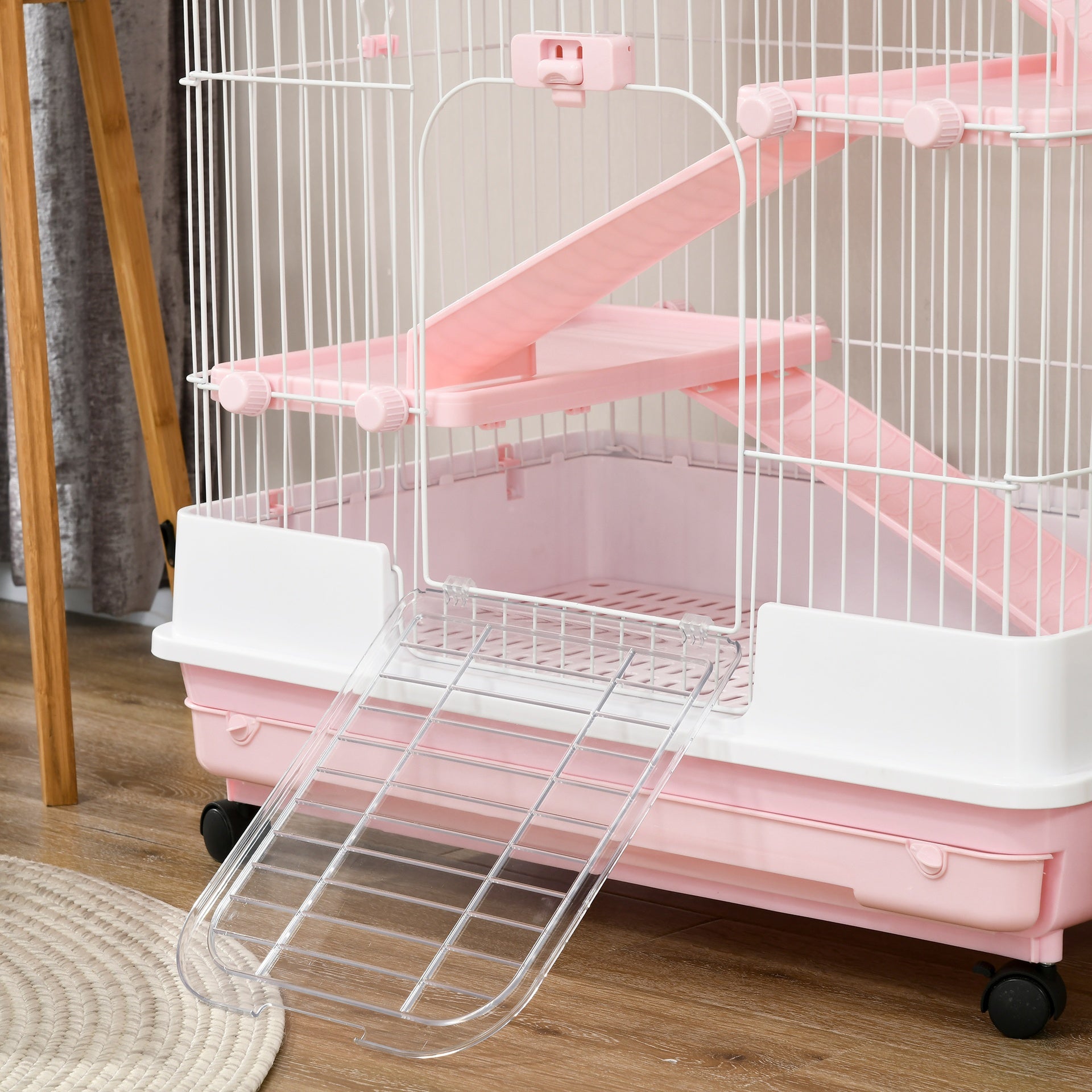 PawHut 32"L 4-Level Small Animal Cage Rabbit Hutch with Wheels, Slide-out Tray for Bunny, Chinchillas, Ferret, Pink