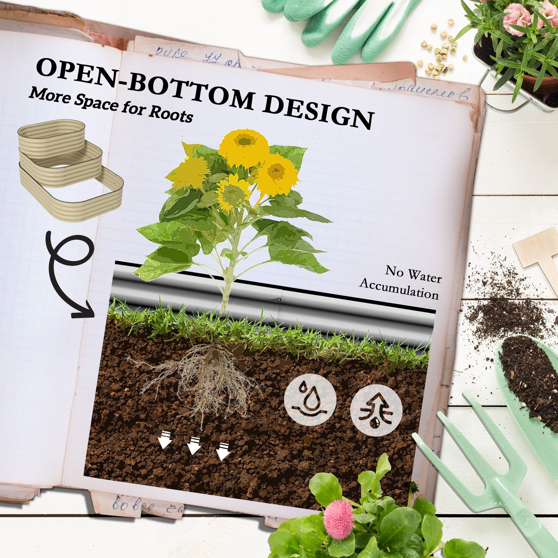 Outsunny 3-Tier Raised Garden Bed Set w/ Safety Edging, Open Bottom for Vegetables, Herbs, Flowers, 62.25" x 43" x 32.25", Cream