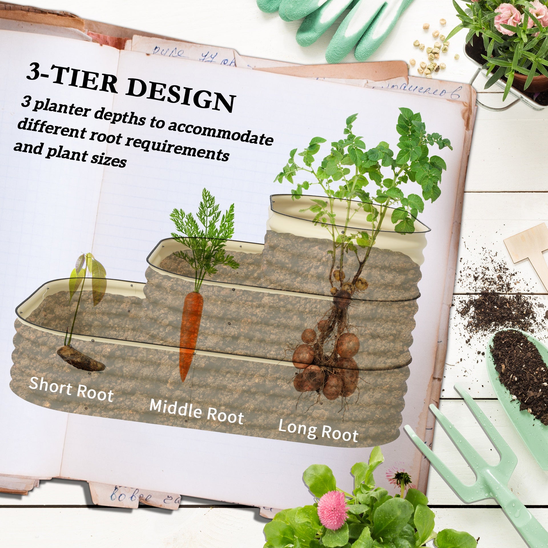 Outsunny 3-Tier Raised Garden Bed Set w/ Safety Edging, Open Bottom for Vegetables, Herbs, Flowers, 62.25" x 43" x 32.25", Cream