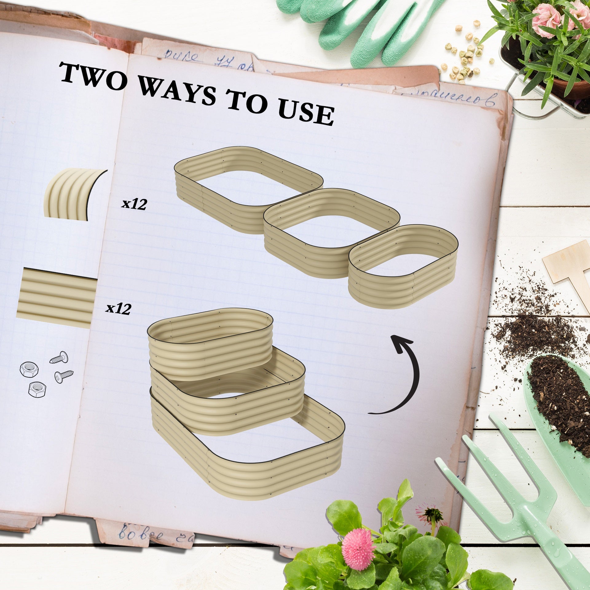 Outsunny 3-Tier Raised Garden Bed Set w/ Safety Edging, Open Bottom for Vegetables, Herbs, Flowers, 62.25" x 43" x 32.25", Cream