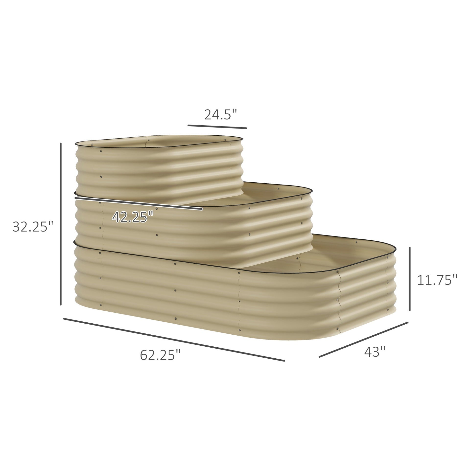Outsunny 3-Tier Raised Garden Bed Set w/ Safety Edging, Open Bottom for Vegetables, Herbs, Flowers, 62.25" x 43" x 32.25", Cream