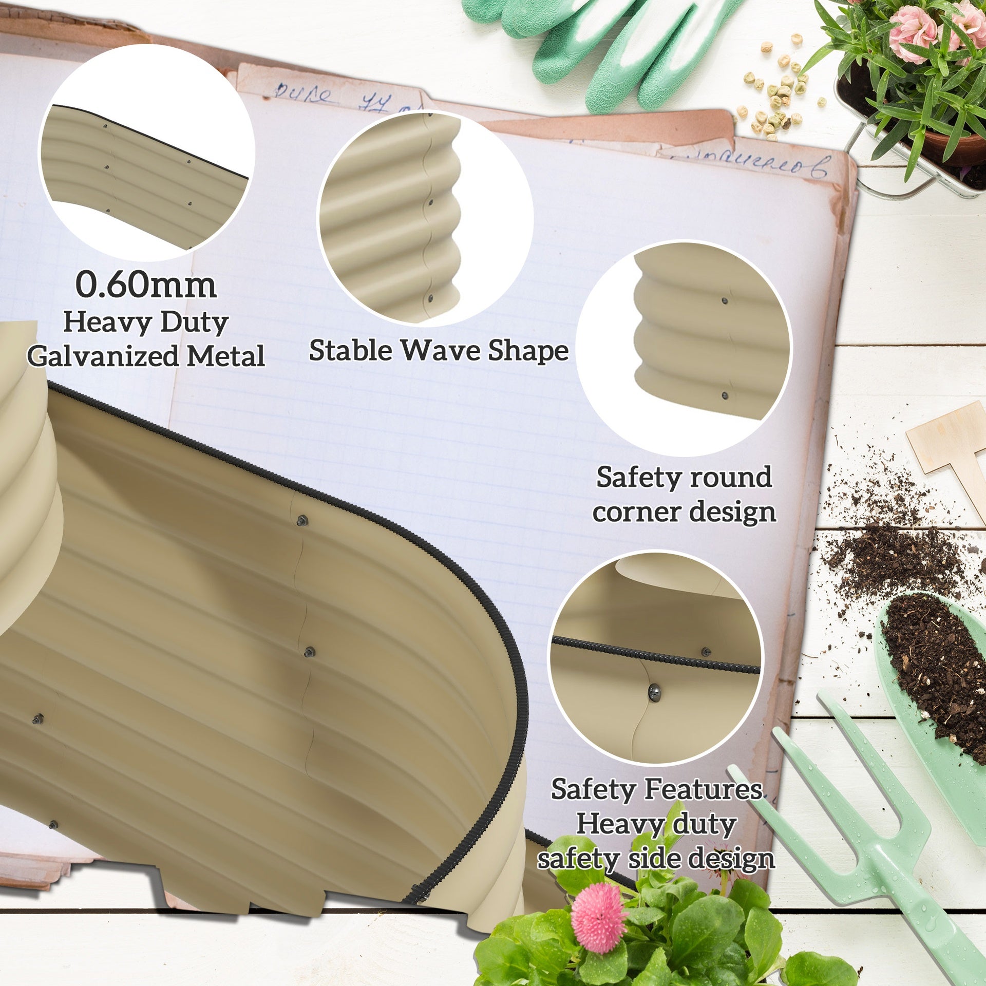 Outsunny 3-Tier Raised Garden Bed Set w/ Safety Edging, Open Bottom for Vegetables, Herbs, Flowers, 62.25" x 43" x 32.25", Cream