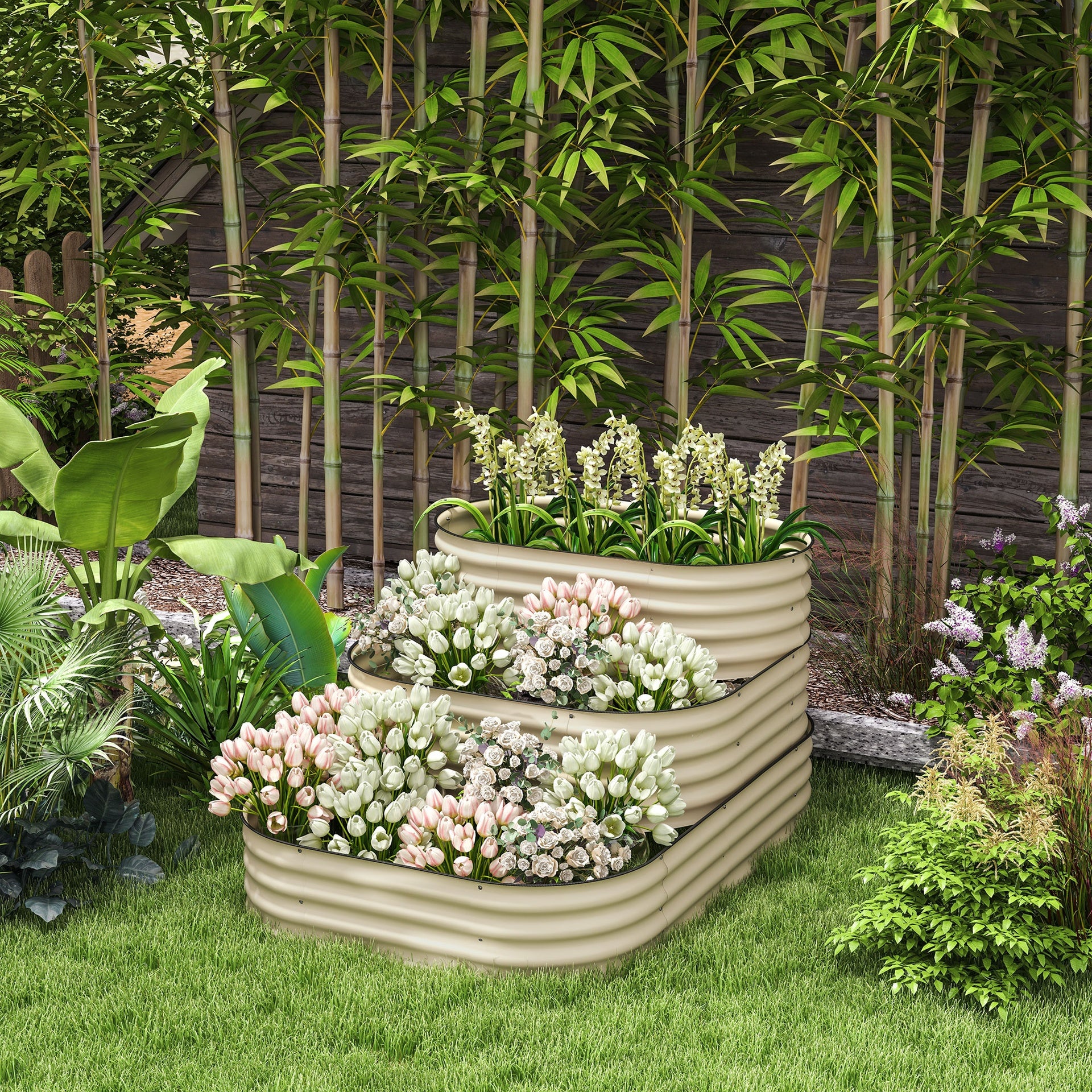 Outsunny 3-Tier Raised Garden Bed Set w/ Safety Edging, Open Bottom for Vegetables, Herbs, Flowers, 62.25" x 43" x 32.25", Cream