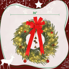 HOMCOM 36 Inch Christmas Wreath for Front Door with LED Lights, Prelit Christmas Wreath with 8 Modes and Ornaments, Green