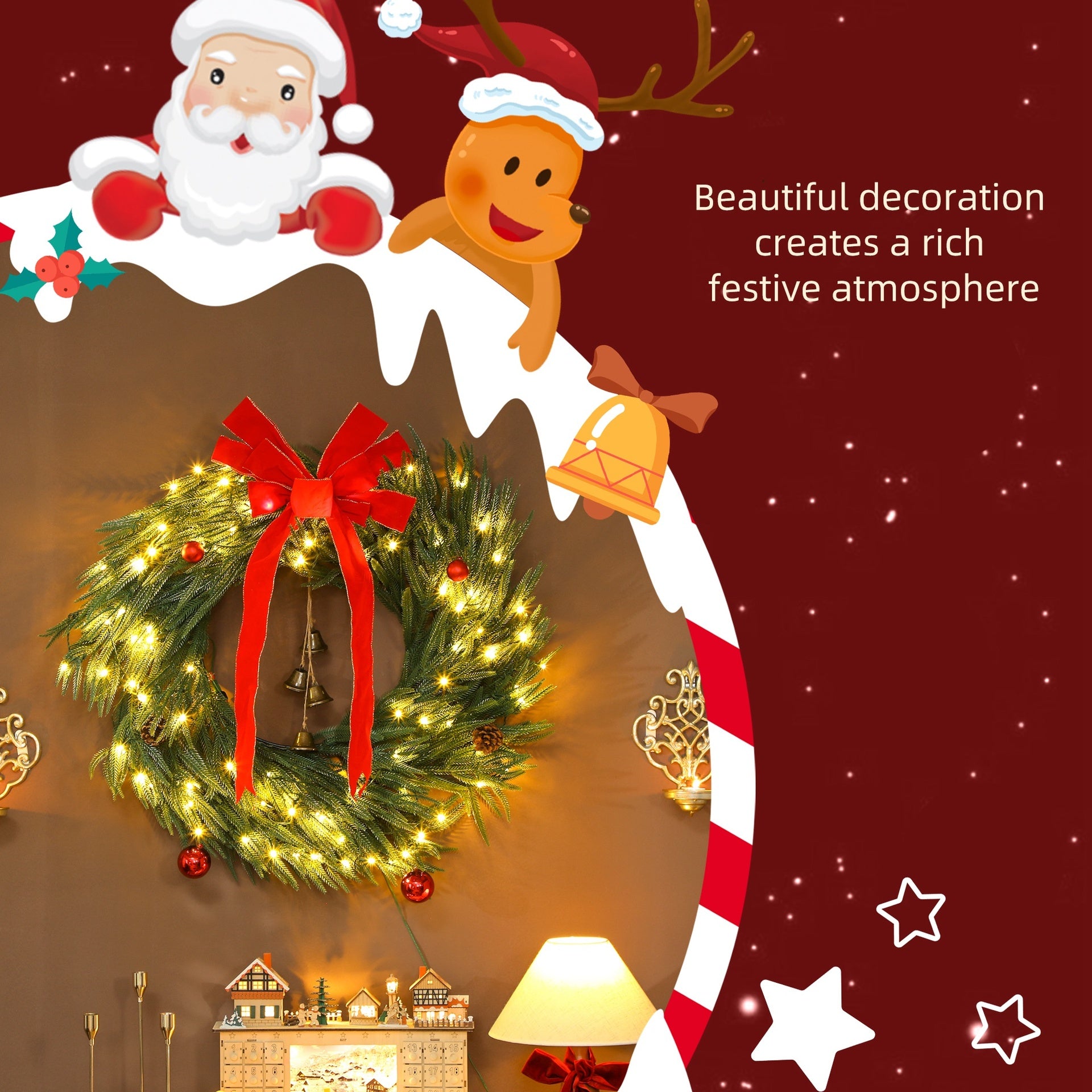 HOMCOM 36 Inch Christmas Wreath for Front Door with LED Lights, Prelit Christmas Wreath with 8 Modes and Ornaments, Green