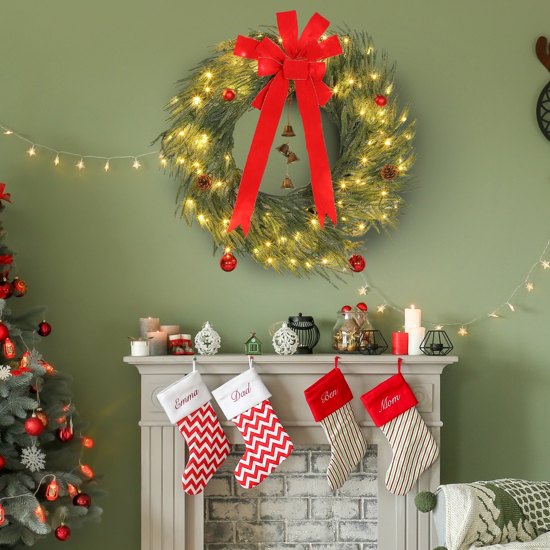 HOMCOM 36 Inch Christmas Wreath for Front Door with LED Lights, Prelit Christmas Wreath with 8 Modes and Ornaments, Green
