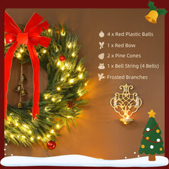 HOMCOM 36 Inch Christmas Wreath for Front Door with LED Lights, Prelit Christmas Wreath with 8 Modes and Ornaments, Green