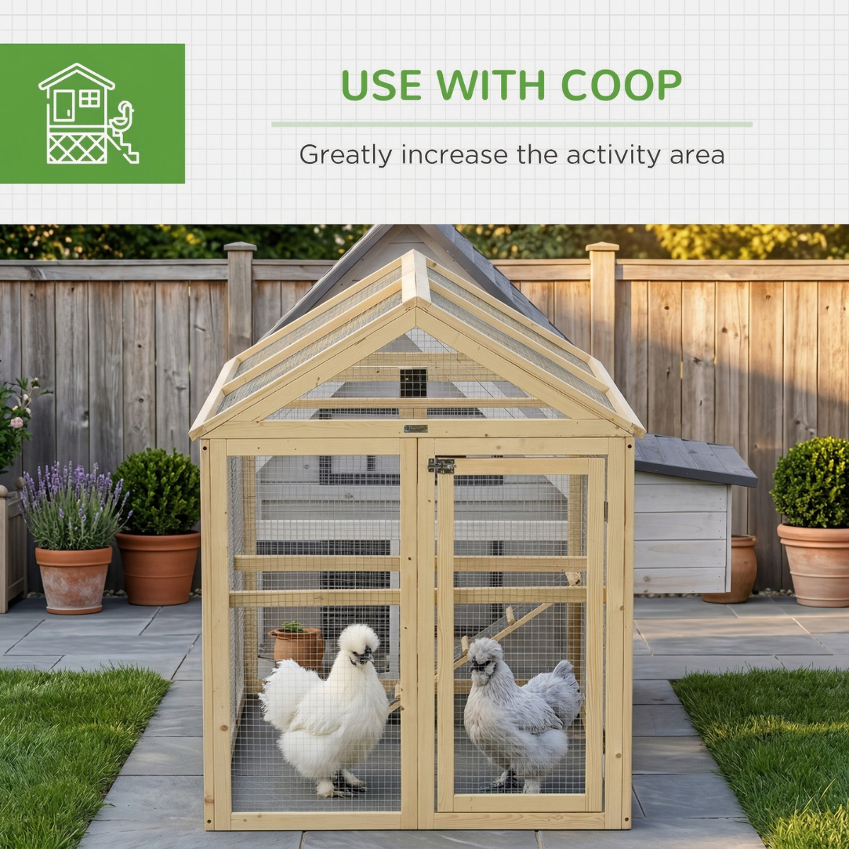 PawHut Wooden Chicken Run, Combinable Design with Perches, 4.6' x 2.8', Nature Wood