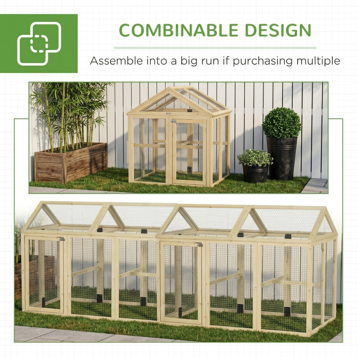 PawHut Wooden Chicken Run, Combinable Design with Perches, 4.6' x 2.8', Nature Wood