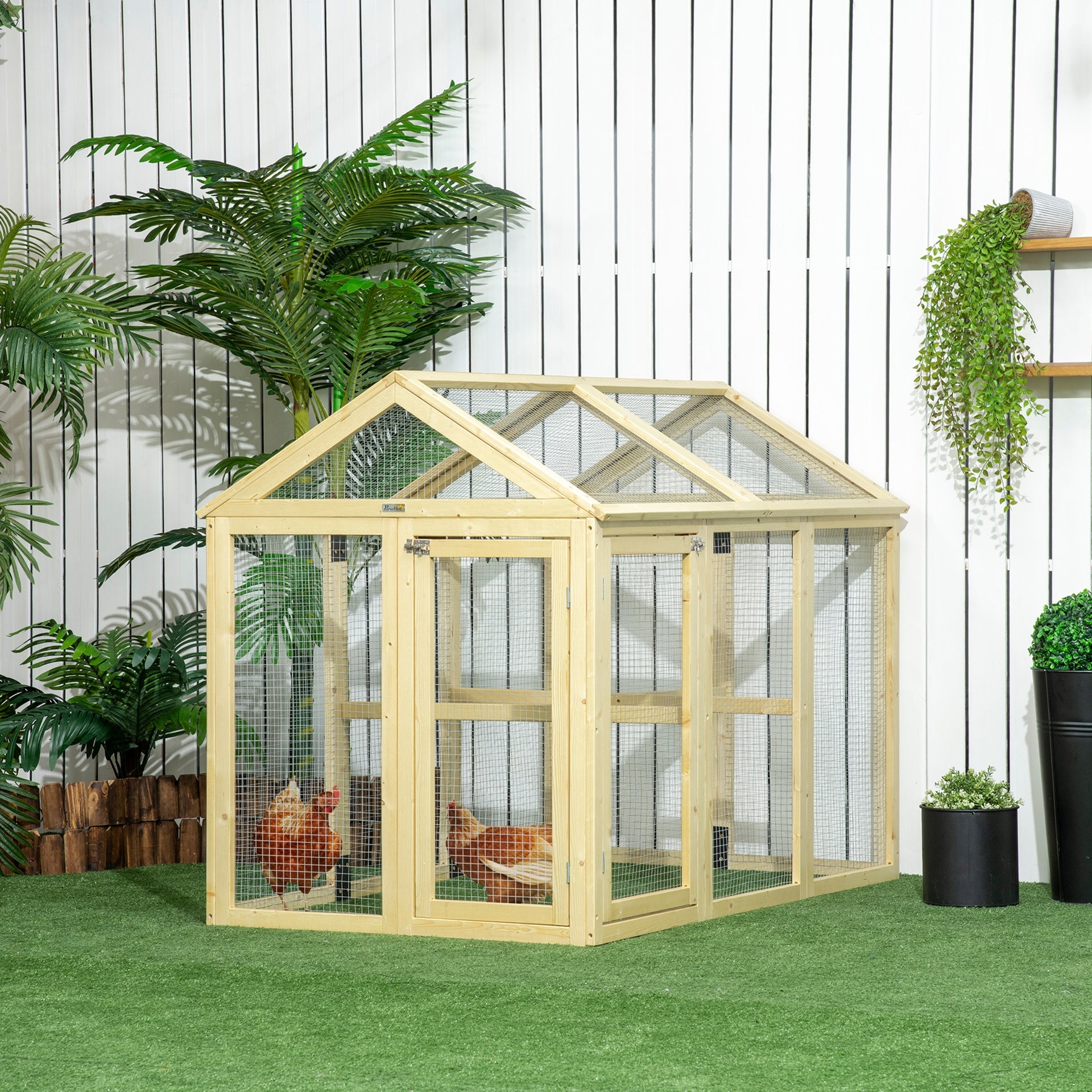 PawHut Wooden Chicken Run, Combinable Design with Perches, 4.6' x 2.8', Nature Wood