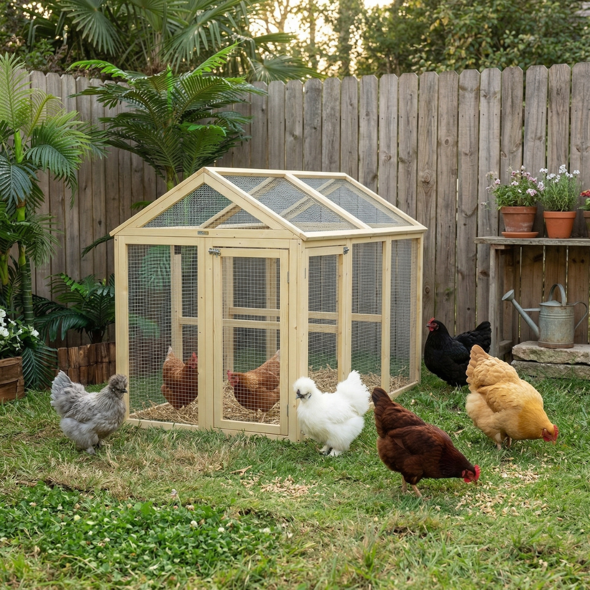 PawHut Wooden Chicken Run, Combinable Design with Perches, 4.6' x 2.8', Nature Wood