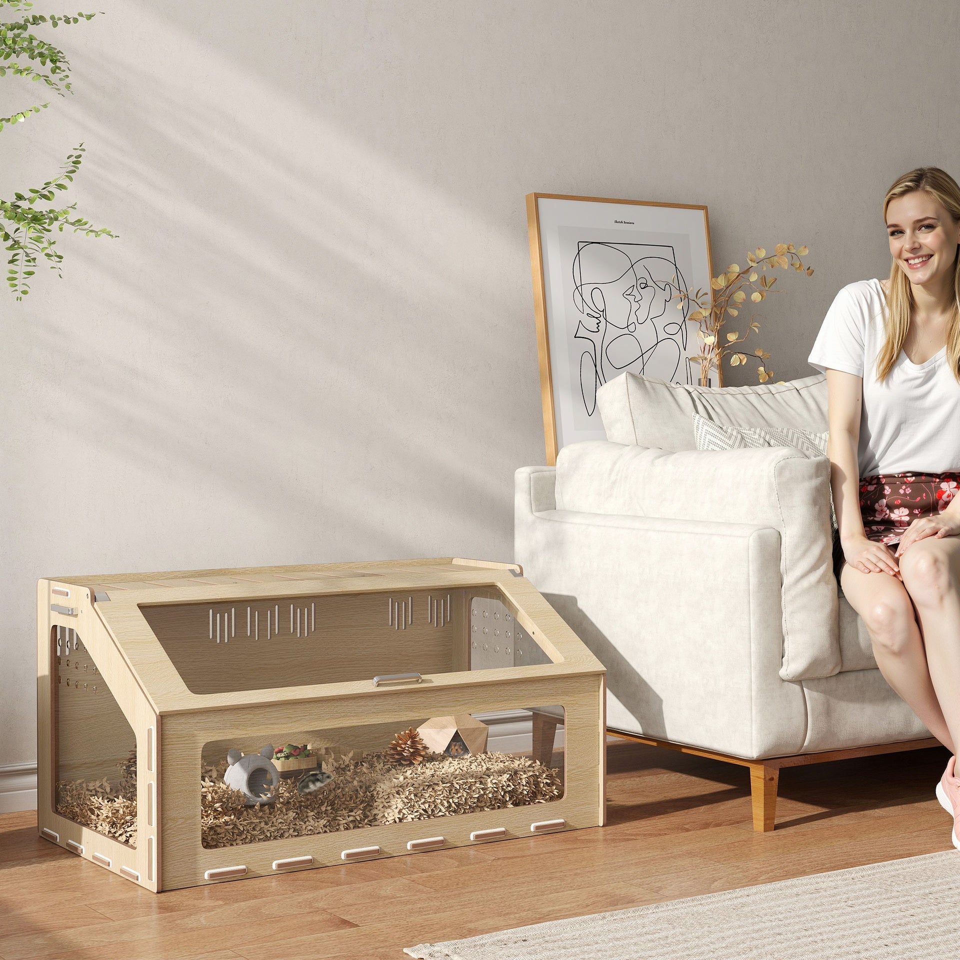 PawHut 39 inch Hamster Cage Habitat with Acrylic Window & Openable Top for Dwarf Hamster, Gerbil, Guinea Pig, Rat, Oak