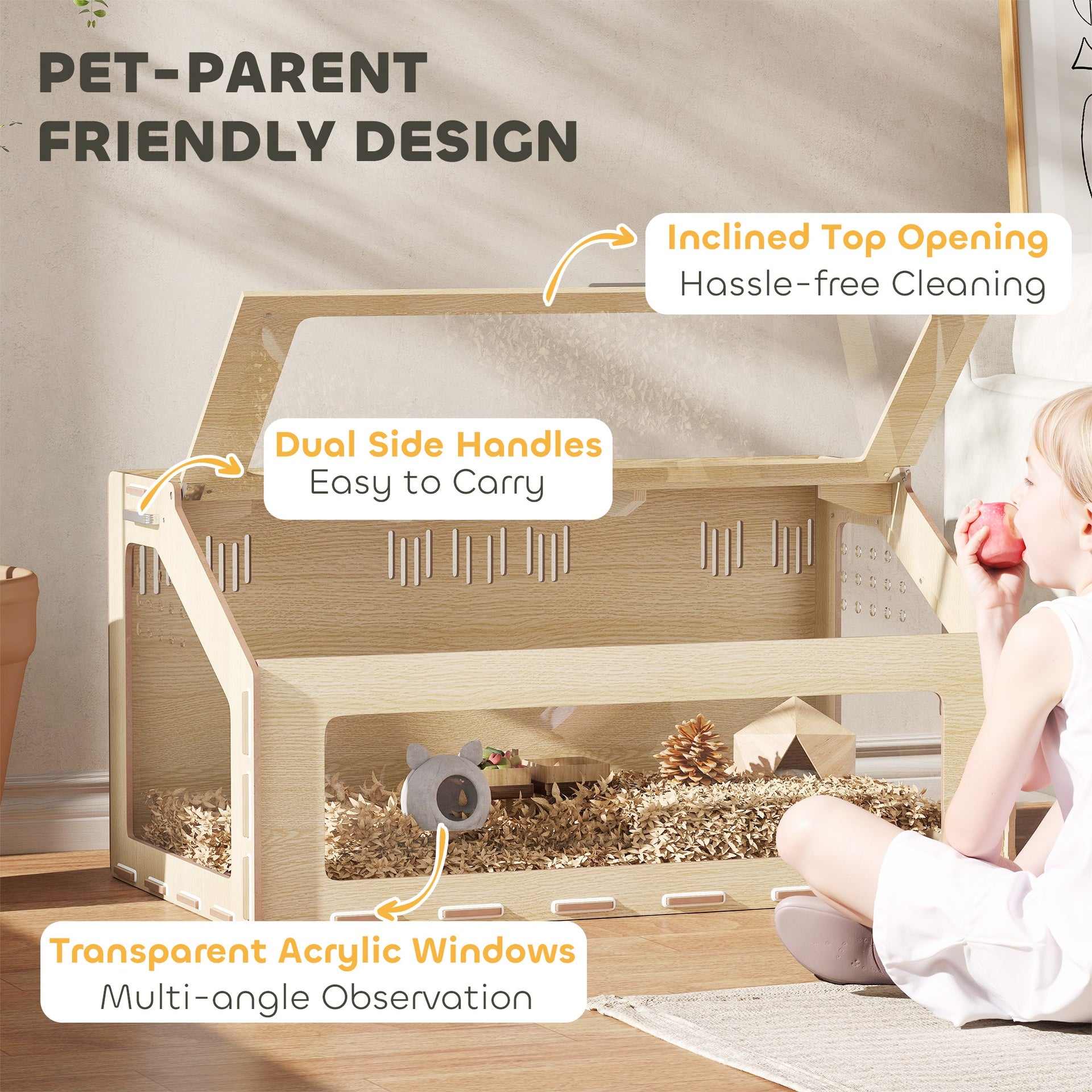 PawHut 39 inch Hamster Cage Habitat with Acrylic Window & Openable Top for Dwarf Hamster, Gerbil, Guinea Pig, Rat, Oak
