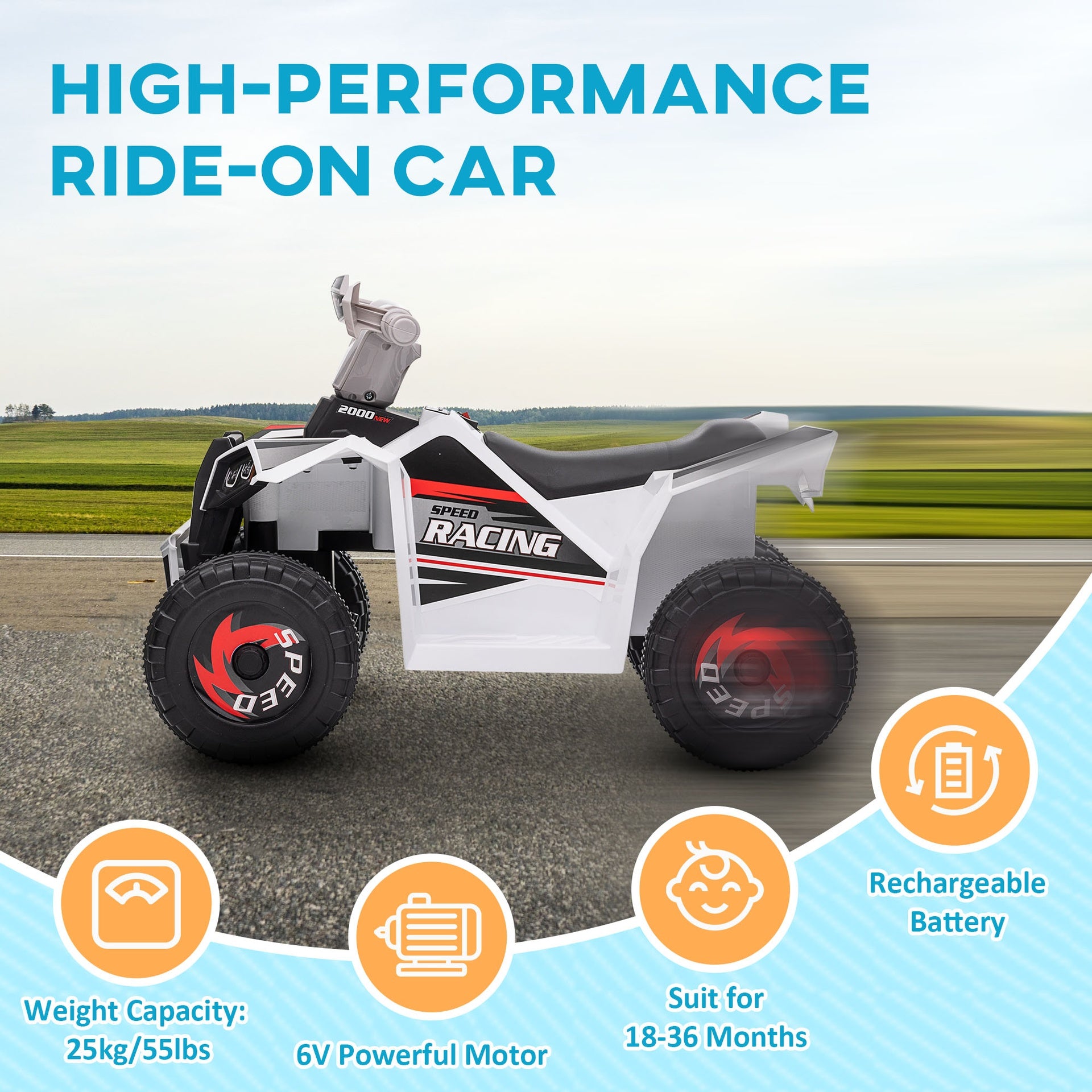 Aosom 6V Electric Toy Car with Forward Backward, Wear-Resistant Wheels for Ages 18-36 Months, White