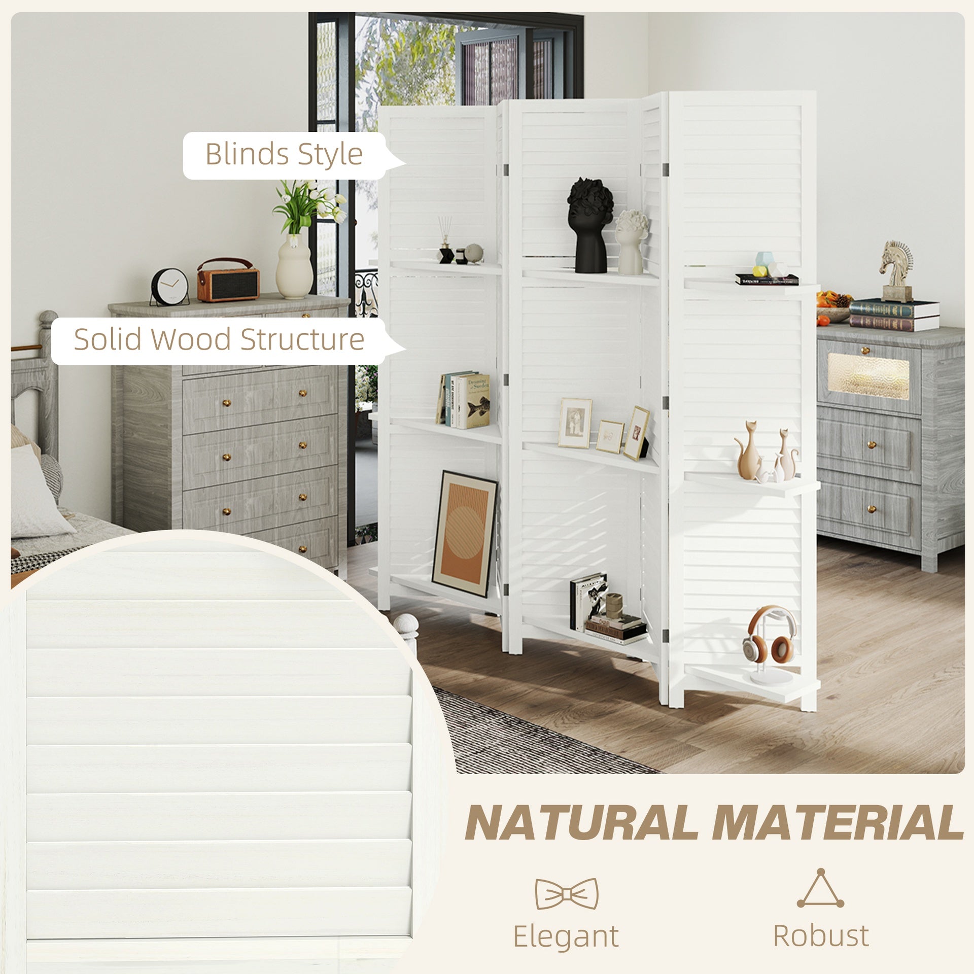 HOMCOM 5 Panel 67" Tall Wood Privacy Screen Room Divider with 3 Shelves and Folding Storage for Bedroom, White