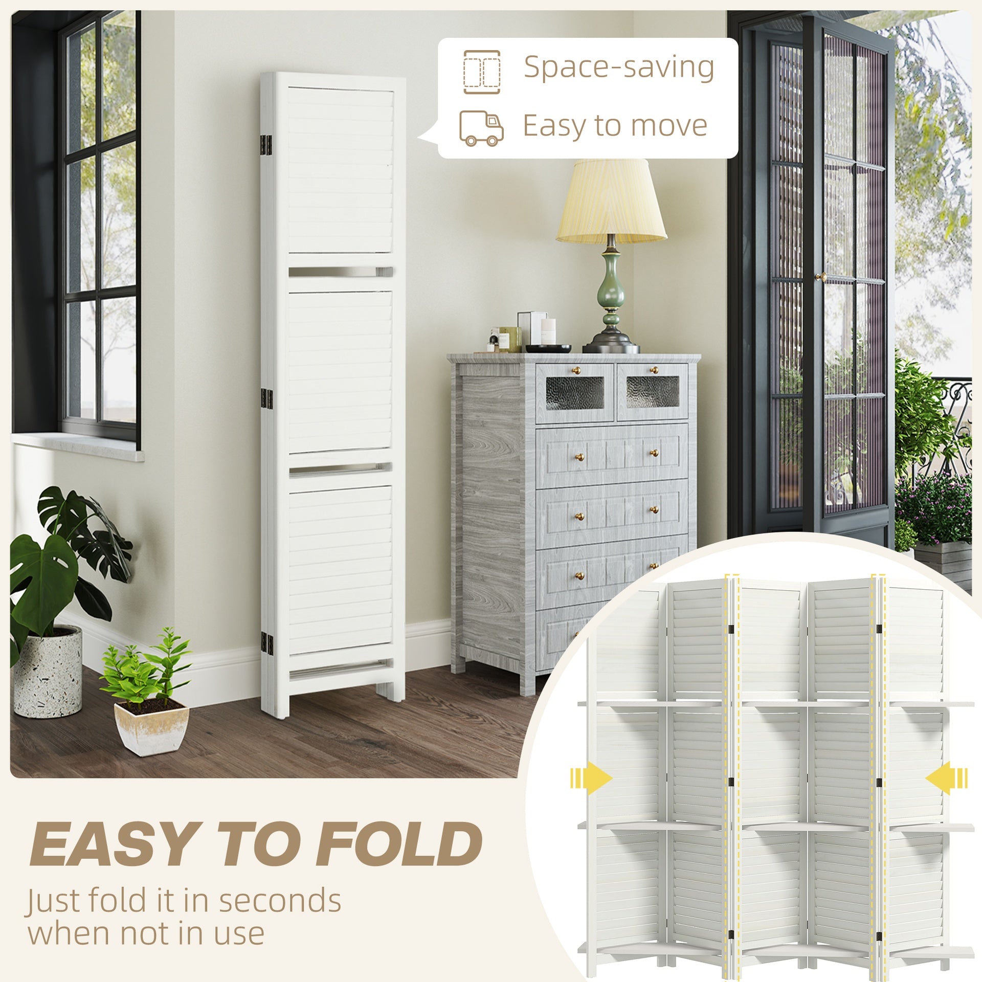 HOMCOM 5 Panel 67" Tall Wood Privacy Screen Room Divider with 3 Shelves and Folding Storage for Bedroom, White