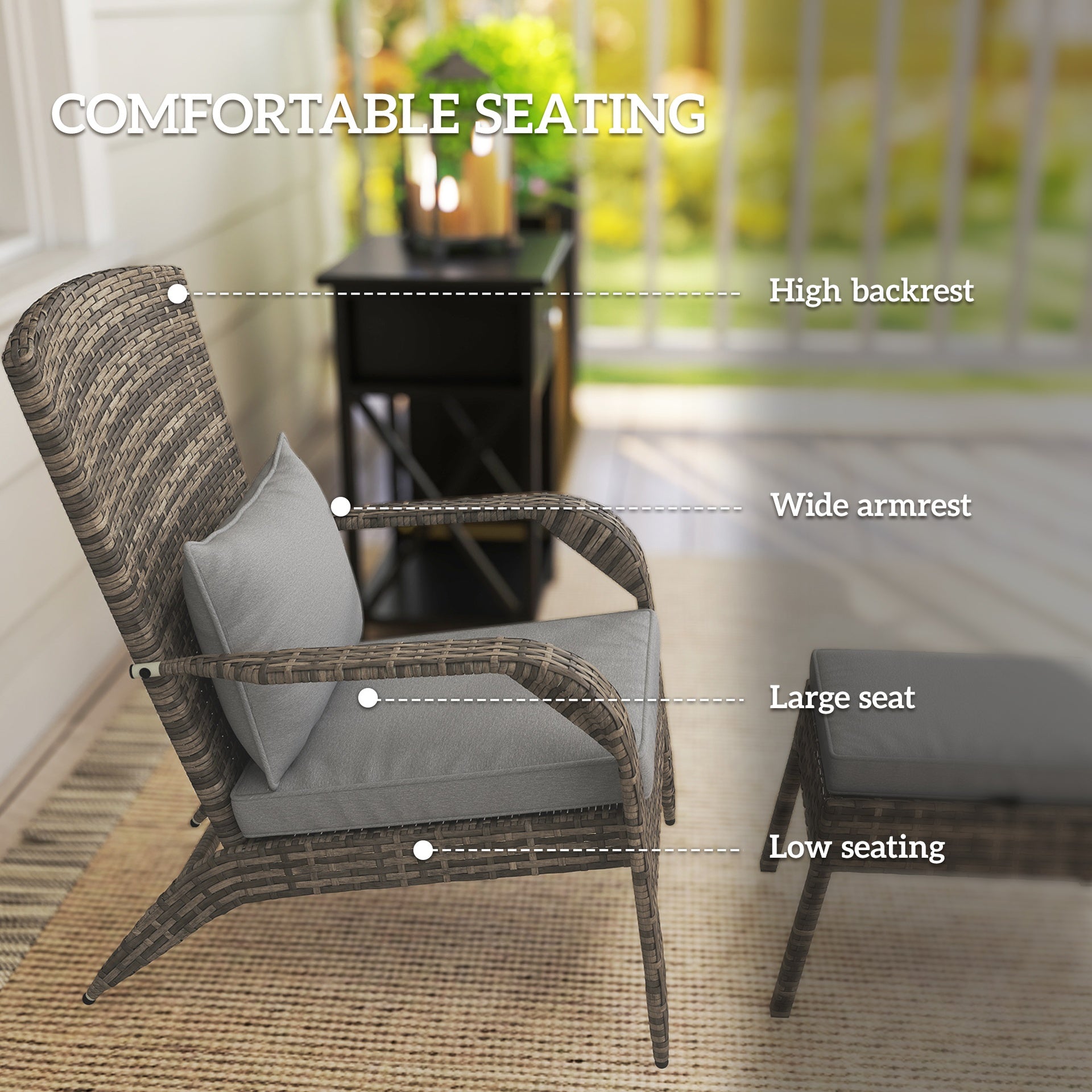 Outsunny Wicker Adirondack Chair Fire Pit Chair w/ Ottoman & Cushions, Gray