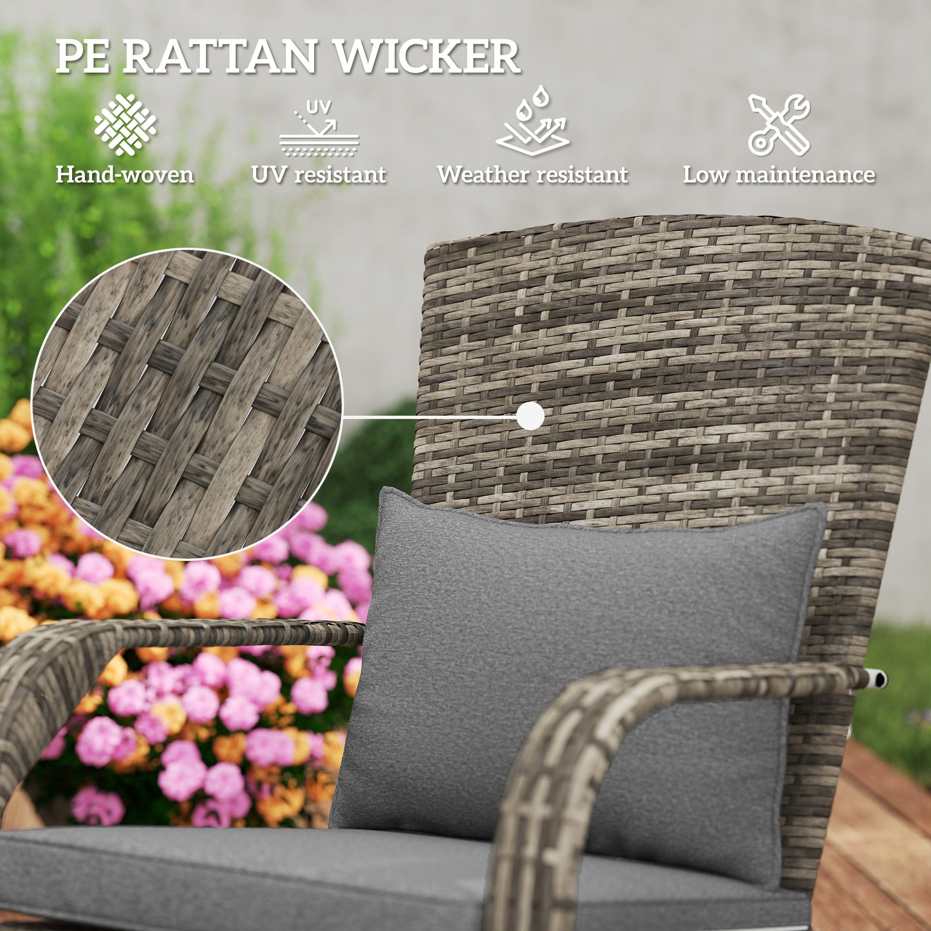 Outsunny Wicker Adirondack Chair Fire Pit Chair w/ Ottoman & Cushions, Gray