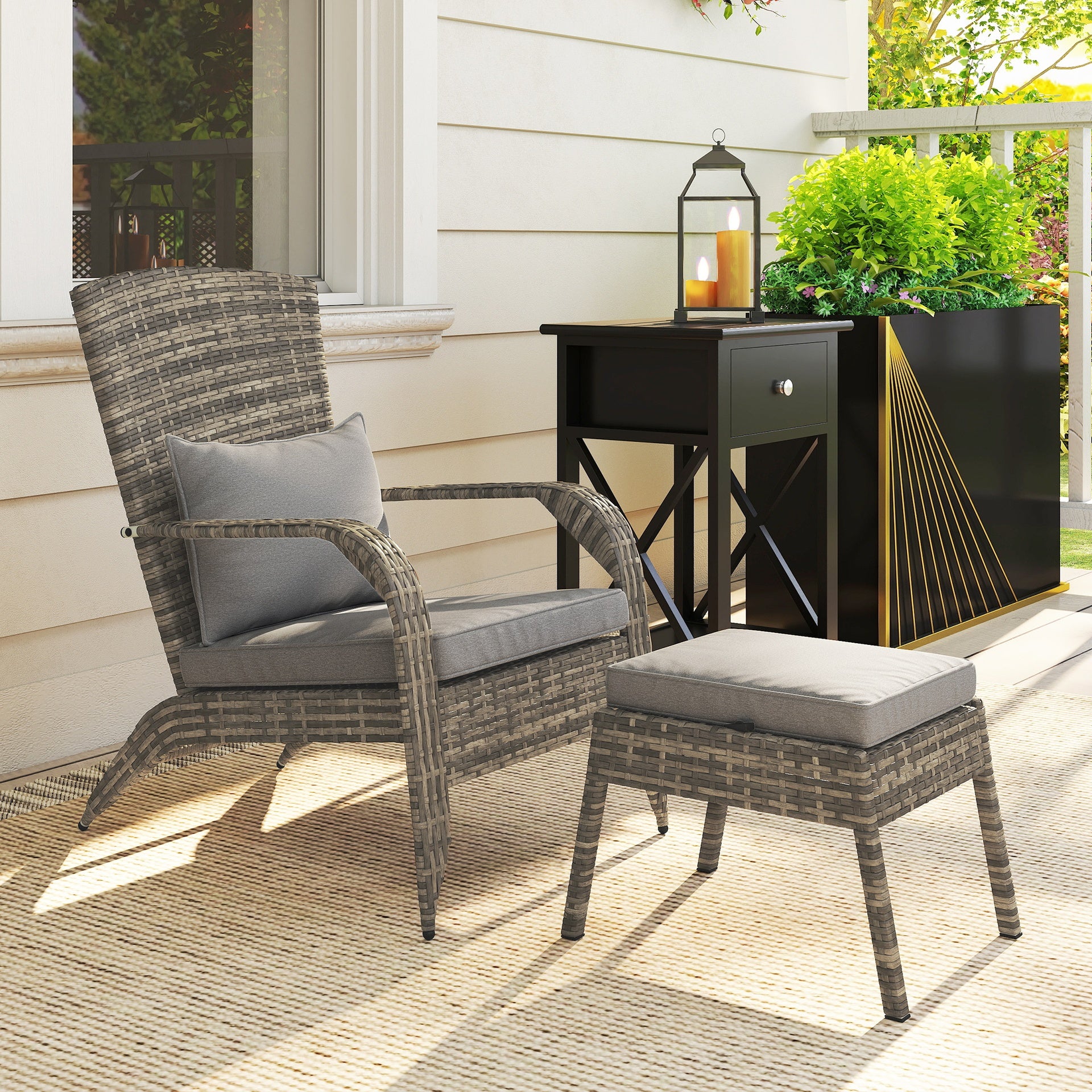 Outsunny Wicker Adirondack Chair Fire Pit Chair w/ Ottoman & Cushions, Gray