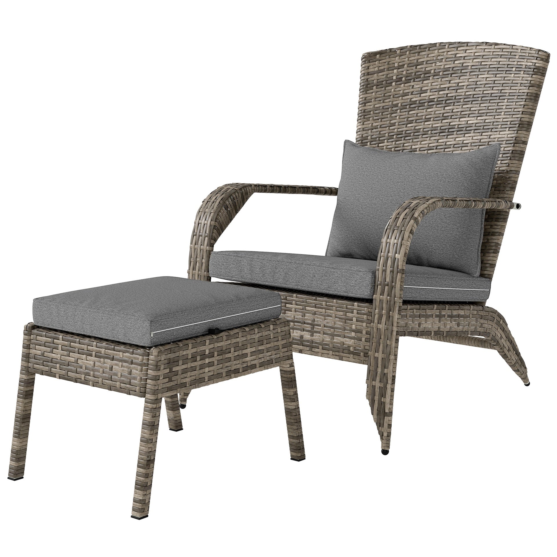 Outsunny Wicker Adirondack Chair Fire Pit Chair w/ Ottoman & Cushions, Gray