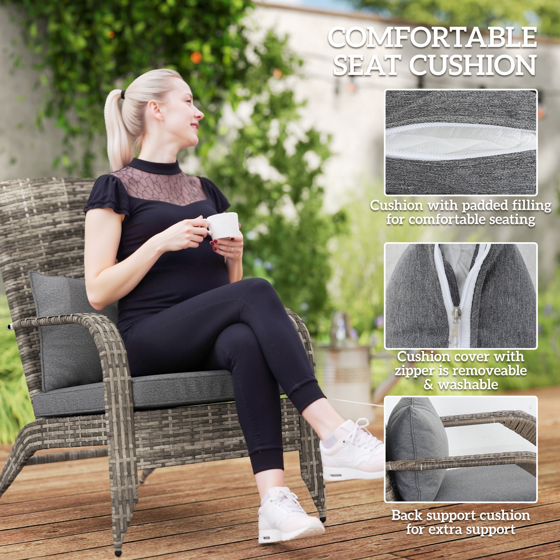 Outsunny Wicker Adirondack Chair Fire Pit Chair w/ Ottoman & Cushions, Gray