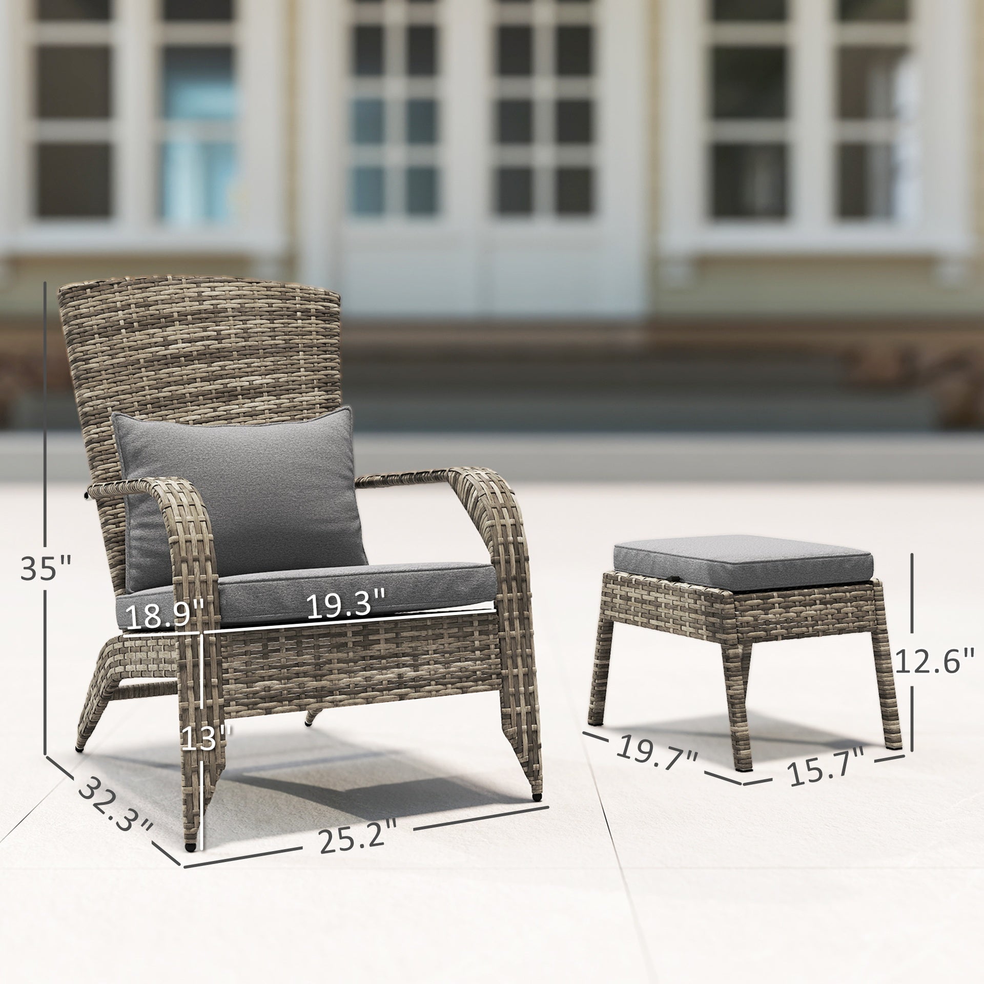 Outsunny Wicker Adirondack Chair Fire Pit Chair w/ Ottoman & Cushions, Gray