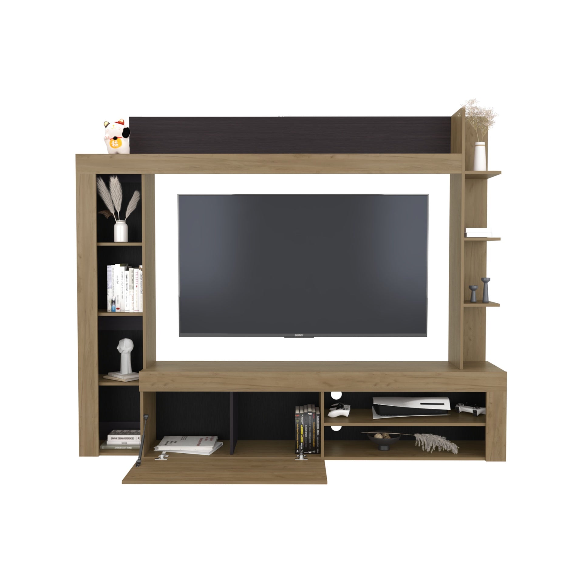 Cecil Entertainment Center and TV Stand with Open Below Shelves and Storage Compartments with One Door, Natural Oak with Black