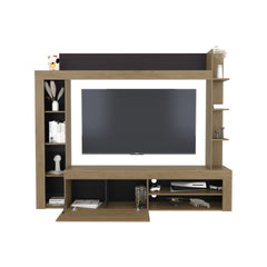 Cecil Entertainment Center and TV Stand with Open Below Shelves and Storage Compartments with One Door, Natural Oak with Black