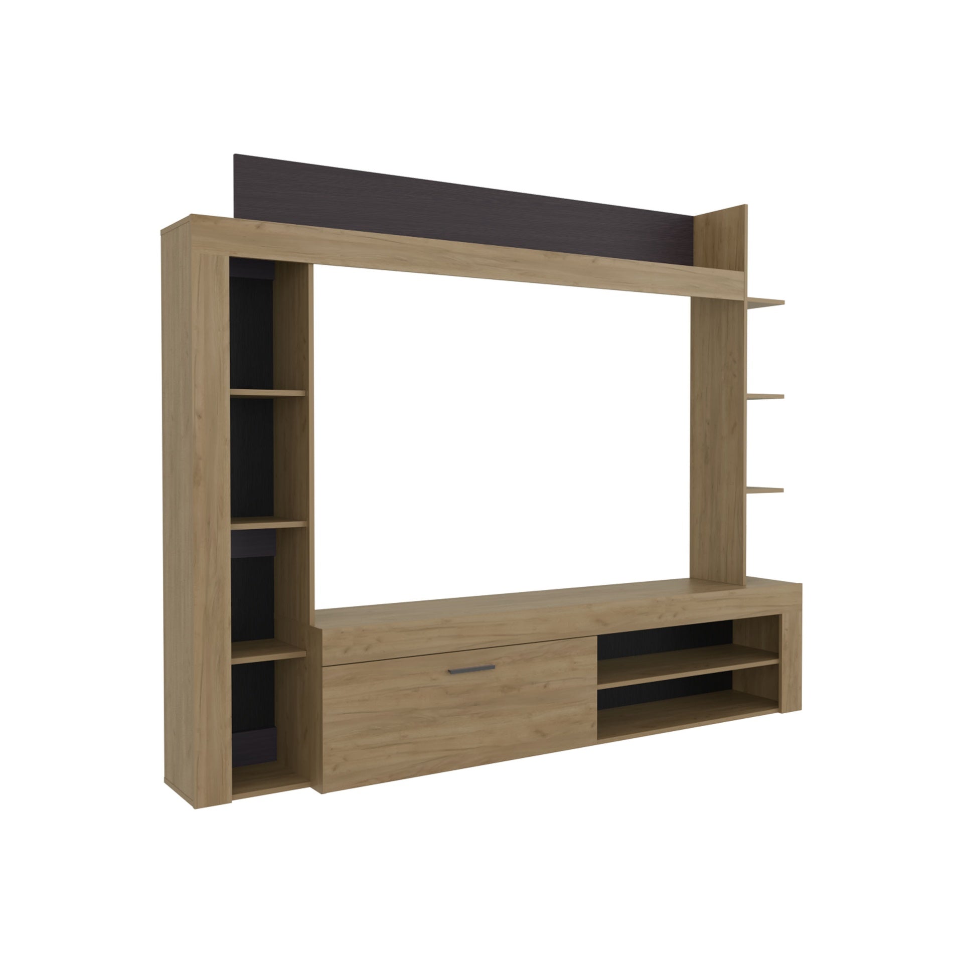 Cecil Entertainment Center and TV Stand with Open Below Shelves and Storage Compartments with One Door, Natural Oak with Black