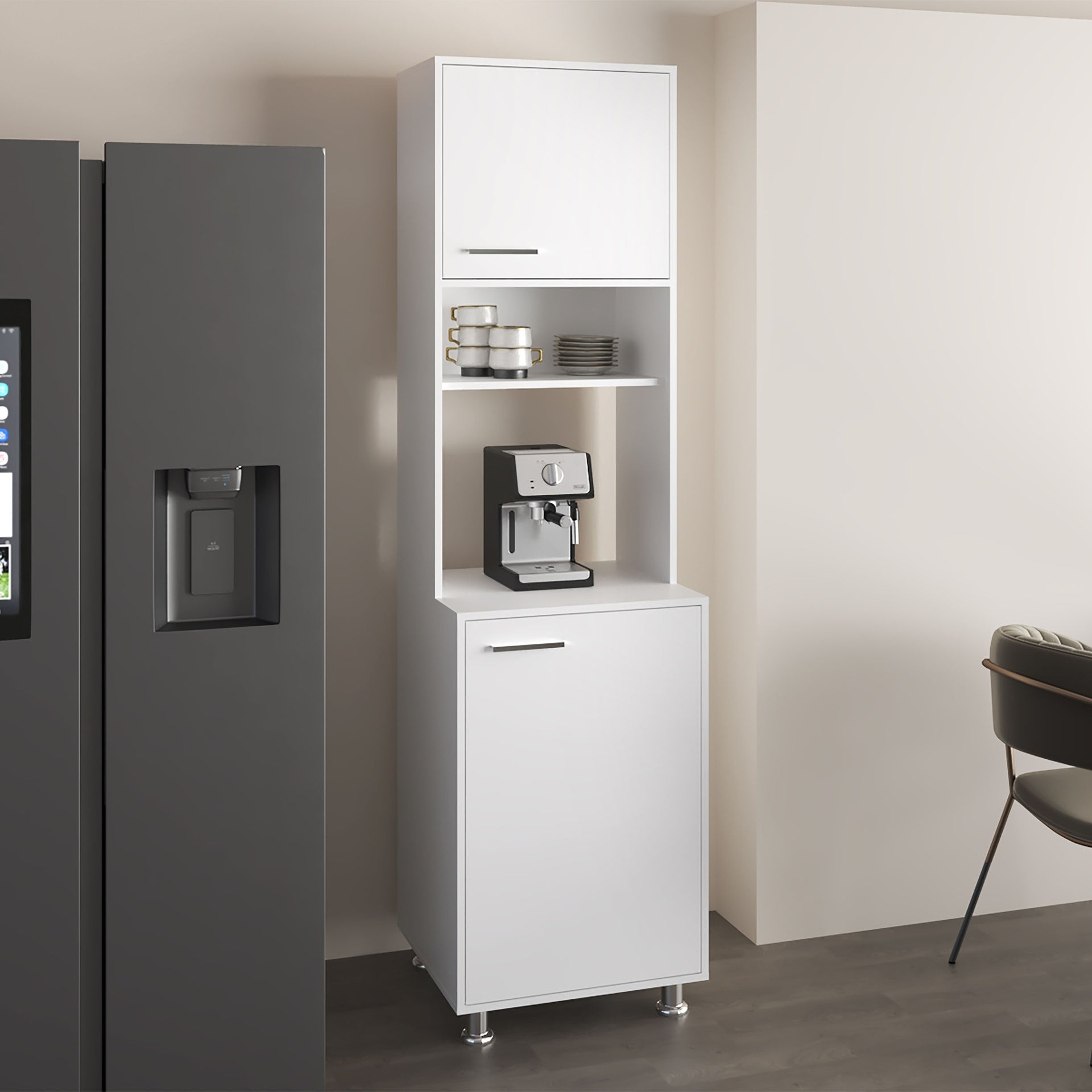 Antares Kitchen Pantry Cabinet With Two Doors, Open Middle Shelf And Upper Storage, White