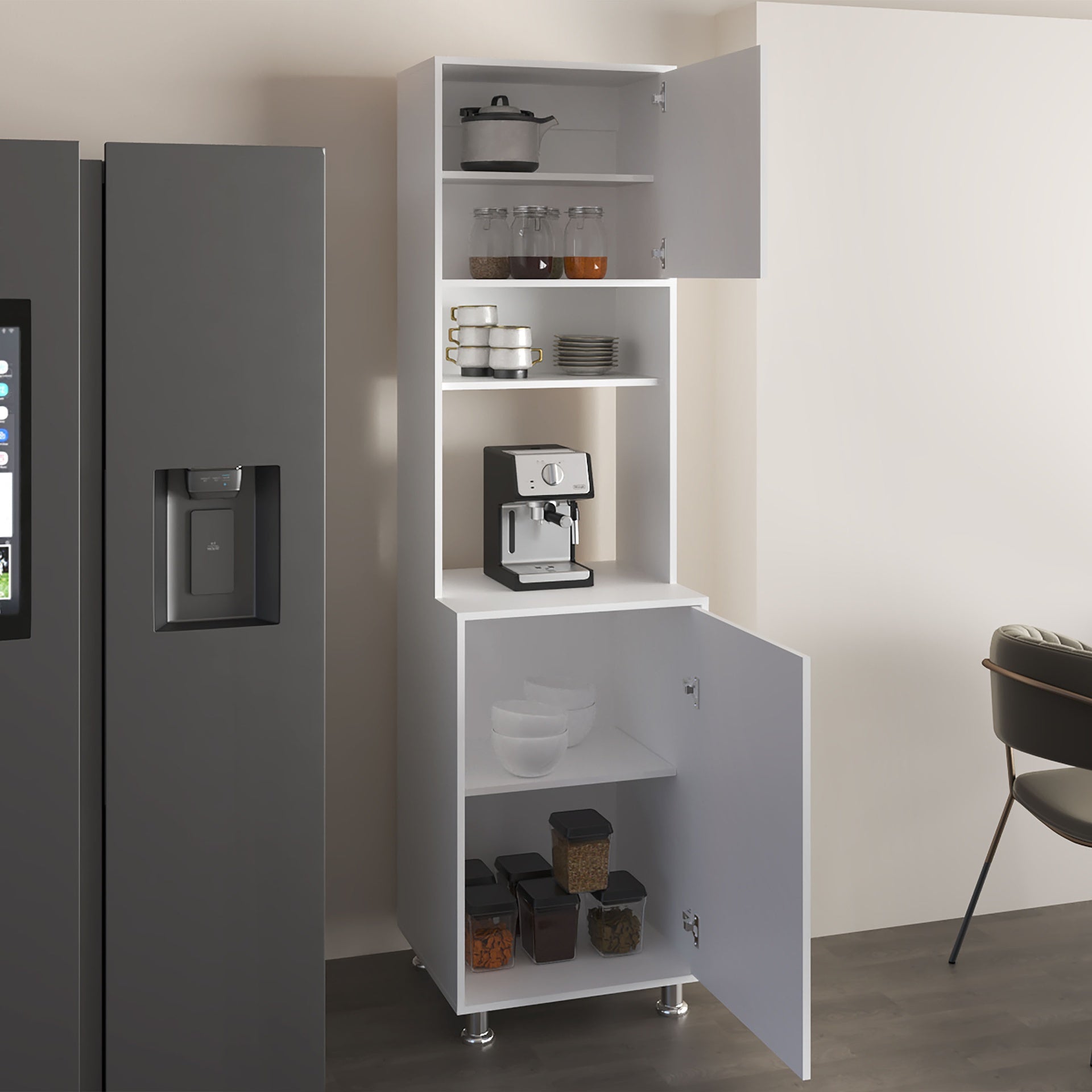 Antares Kitchen Pantry Cabinet With Two Doors, Open Middle Shelf And Upper Storage, White