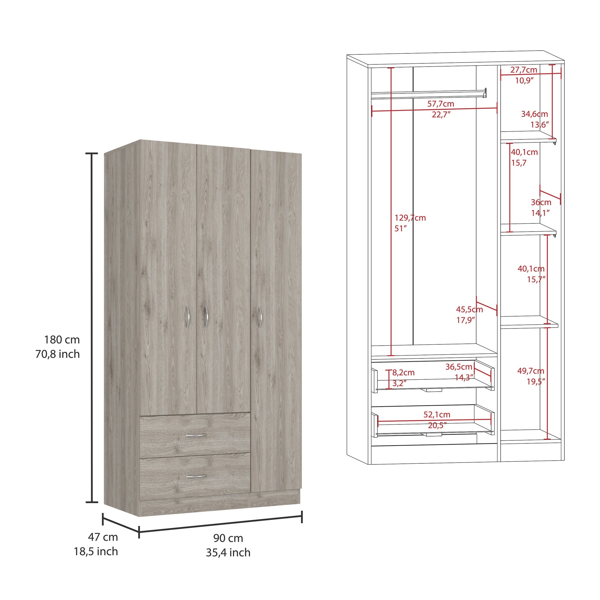 Austral 3 Door Armoire with Two Drawers, Shelves, and Hanging Rod - Light Gray