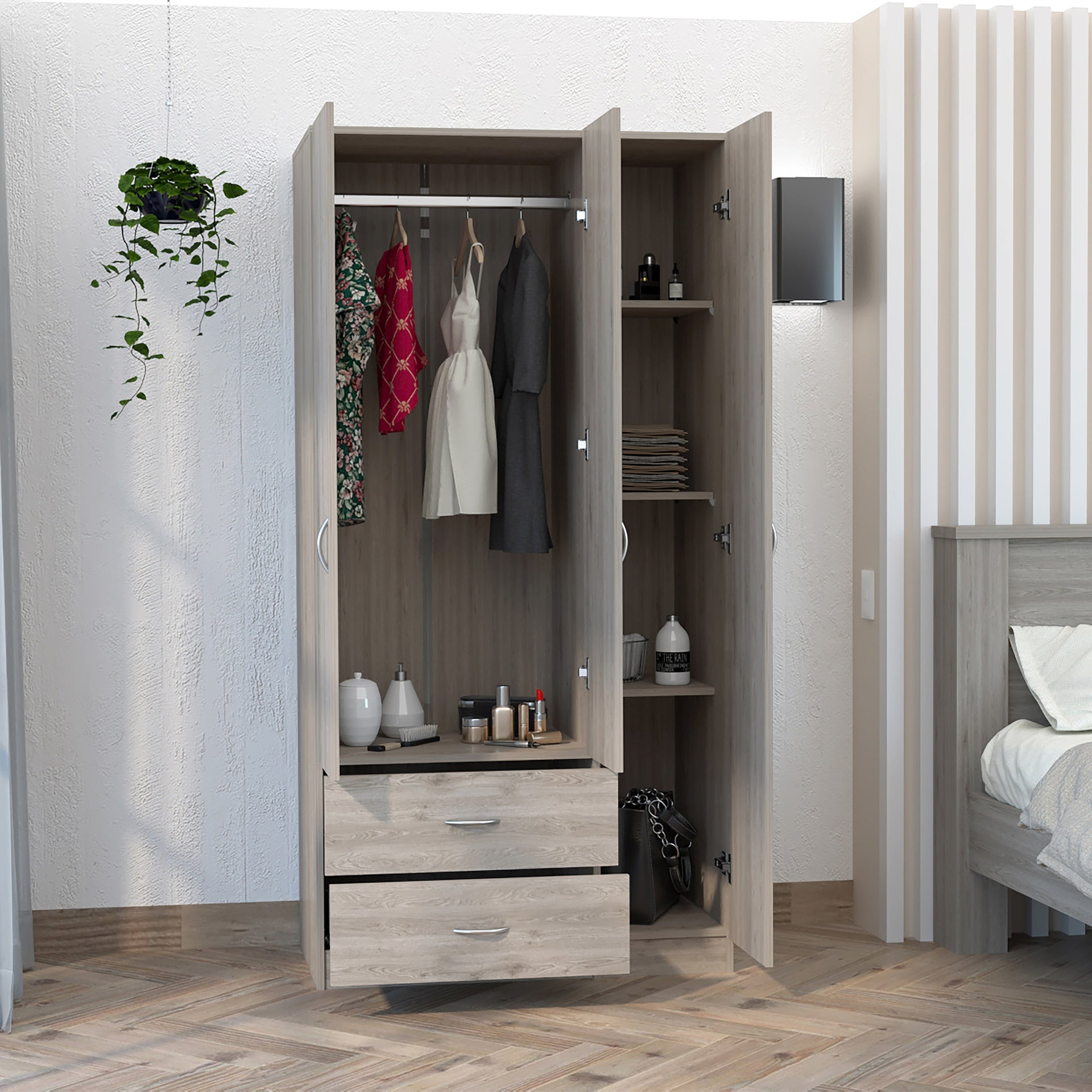 Austral 3 Door Armoire with Two Drawers, Shelves, and Hanging Rod - Light Gray