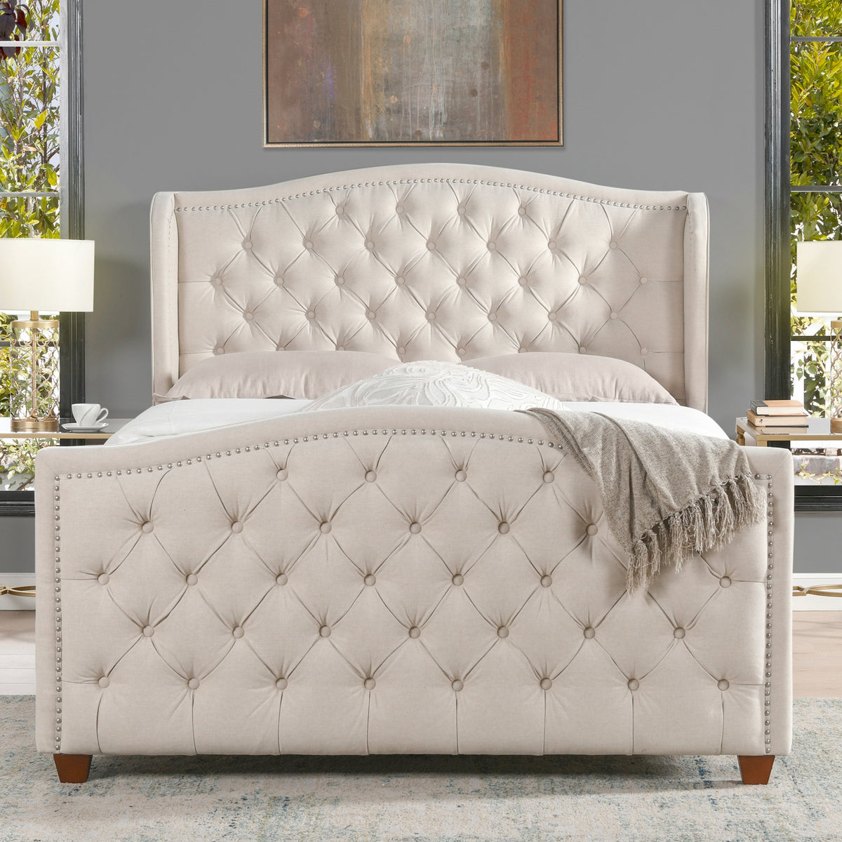 Marcella Upholstered Shelter Headboard Bed Set, Queen, Sky Neutral Beige Polyester