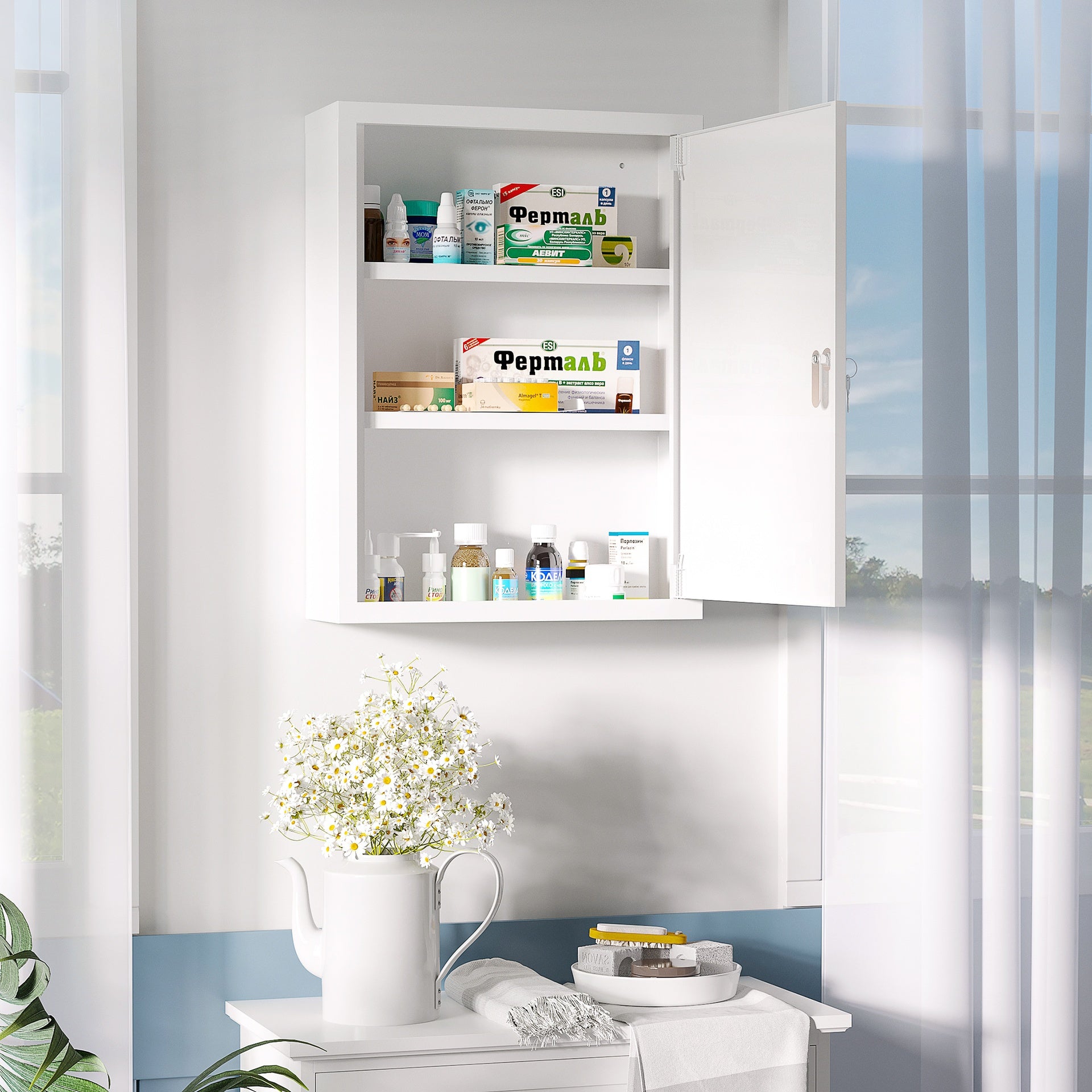kleankin 16" x 21" Lockable Medicine Cabinet, 3 Tier Steel Medical Wall Box with 2 Keys and Shelves for Bathroom, White